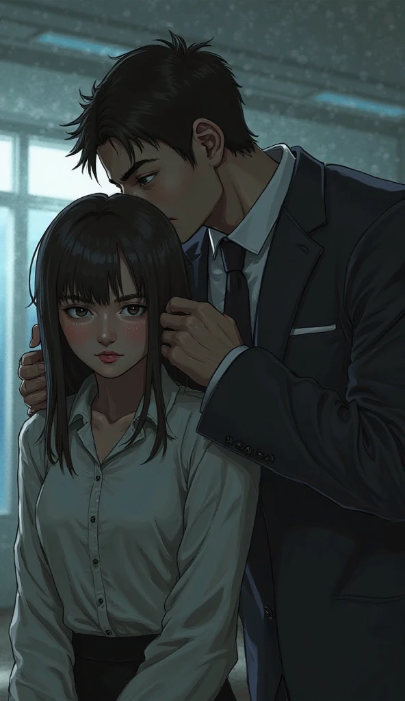 ((best quality)), ((work of art)), ((detailed)), woman with brown hair and bangs, in a doggy-style position, against a wall, skirt lifted by a man, who is taking her from behind
