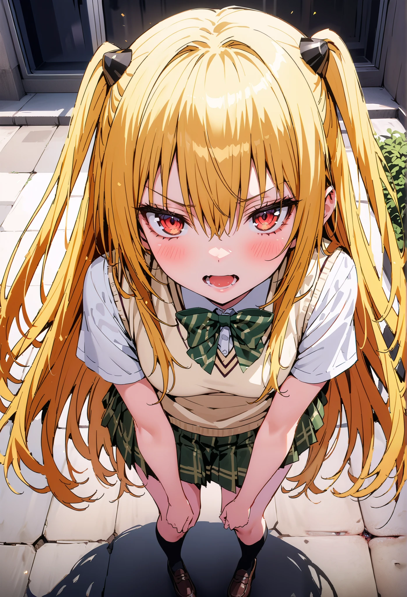 score_9, score_8_up, score_7_up, source_anime,
toloverudarkness, darkness, yellow hair , long hair, red eyes, hair ornaments close to the garden, two side up,
Sainan school uniform, shirt, white shirt, bow, green bow, skirt, green skirt, pleated skirt, short skirt,sweater , light brown sweater vest, short sleeve,Black socks,loafers, skirtタグ, eyelashes skirt tug, skirt,black string panties, Lift of the Wind , mad at my anal, teary eyes in the store,embarrassing,opens her mouth, staring at you,angle from above,noon, bench,full bodyがイラストに入るように, break outdoors, School building,
break looking at viewer,full body,
break (masterpiece:1.2),Highest quality , kampala, Unity 8K Wallpaper ,(shape:0.8),( fine, beautiful eyes :1.6),It's a person ,full body写真,CG Details , ( perfect hands, complete anatomy),