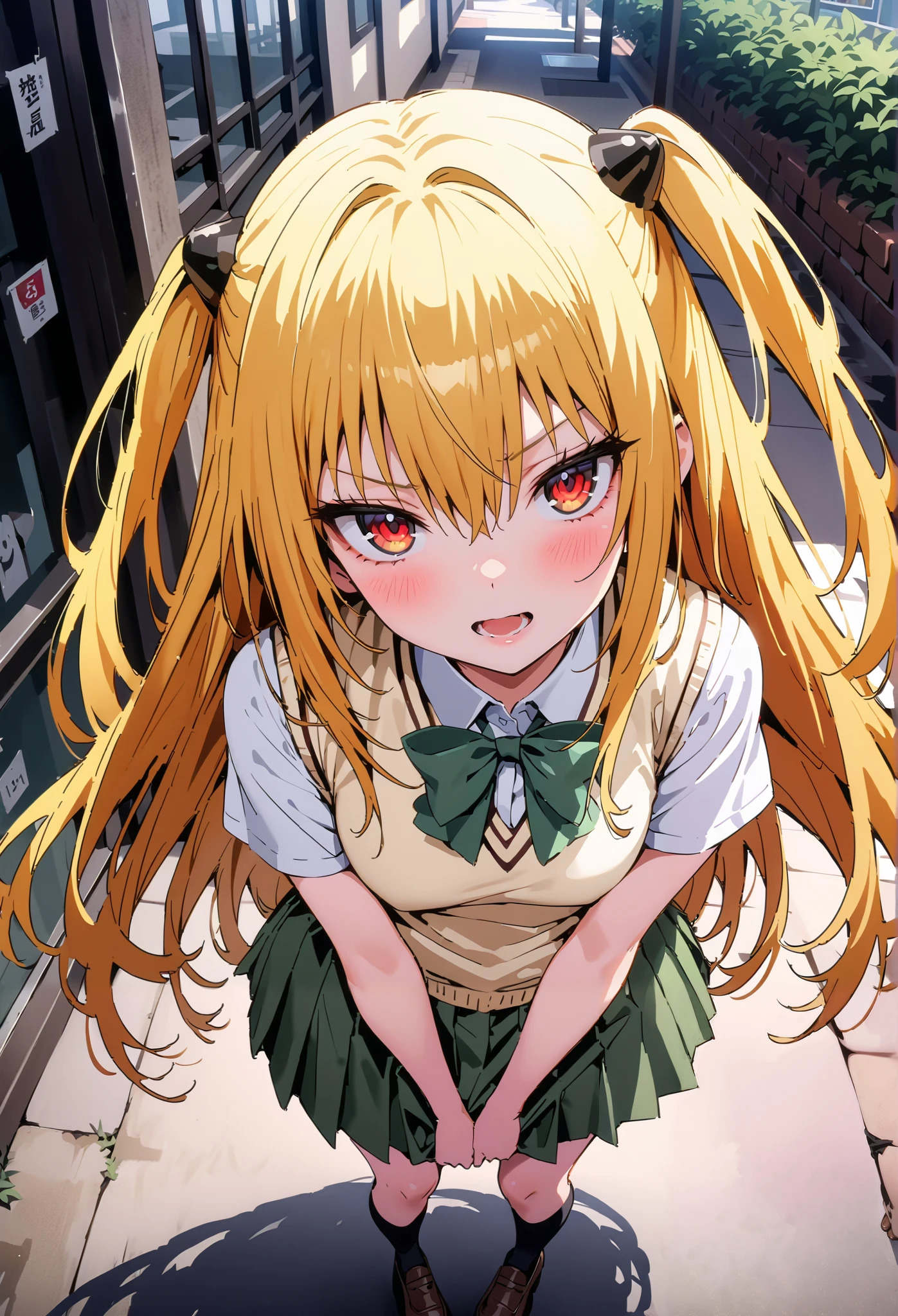 score_9, score_8_up, score_7_up, source_anime,
toloverudarkness, darkness, yellow hair , long hair, red eyes, hair ornaments close to the garden, two side up,
Sainan school uniform, shirt, white shirt, bow, green bow, skirt, green skirt, pleated skirt, short skirt,sweater , light brown sweater vest, short sleeve,Black socks,loafers, skirtタグ, eyelashes skirt tug, skirt,black string panties, Lift of the Wind , mad at my anal, teary eyes in the store,embarrassing,opens her mouth, staring at you,angle from above,noon, bench,full bodyがイラストに入るように, break outdoors, School building,
break looking at viewer,full body,
break (masterpiece:1.2),Highest quality , kampala, Unity 8K Wallpaper ,(shape:0.8),( fine, beautiful eyes :1.6),It's a person ,full body写真,CG Details , ( perfect hands, complete anatomy),