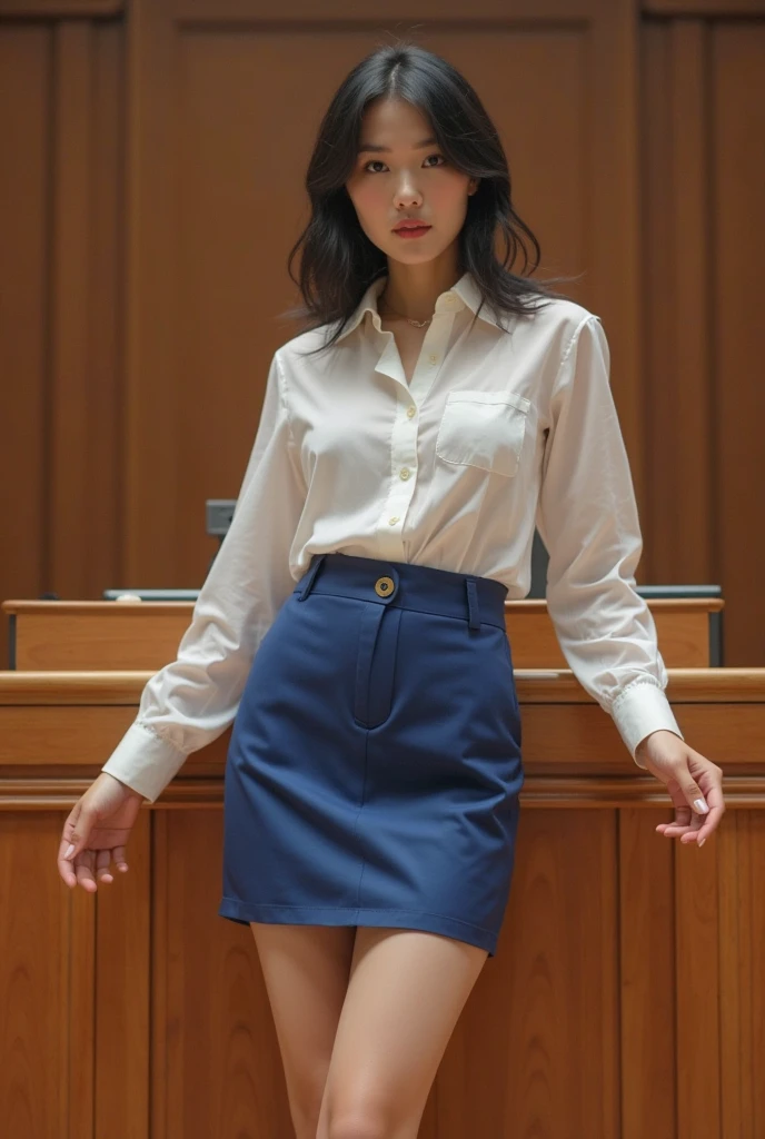 A woman is imprisoned and tied up、Japanese、Beauty、Inside the room、Are standing、Blue Skirt、Red short sleeve shirt、Sitting with legs crossed、