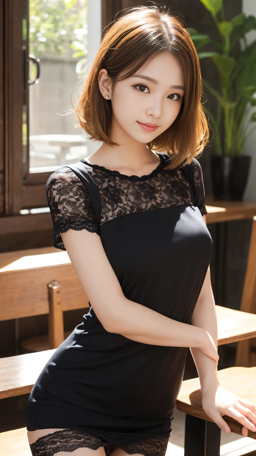 (RAW photo, best quality), (realistic, photo-realistic:1.3), masterpiece, an extremely delicate and beautiful, extremely detailed, CG, unity, 8k, amazing, finely detail, ultra-detailed, highres, absurdres, soft light, (black hair, short hair, curly hair, messy hair, bangs), beautiful detailed girl, detailed fingers, extremely detailed eyes and face, beautiful detailed nose, beautiful detailed eyes, (light on face), looking at viewer, (closed mouth:1.2), 1girl, cute, young, mature face, pale skin, (half body:1.3, sitting), (medium breasts), realistic face, realistic body, beautiful detailed thigh, (ulzzang-6500-v1.1:0.6), black shirt, (semi smile:1.3),