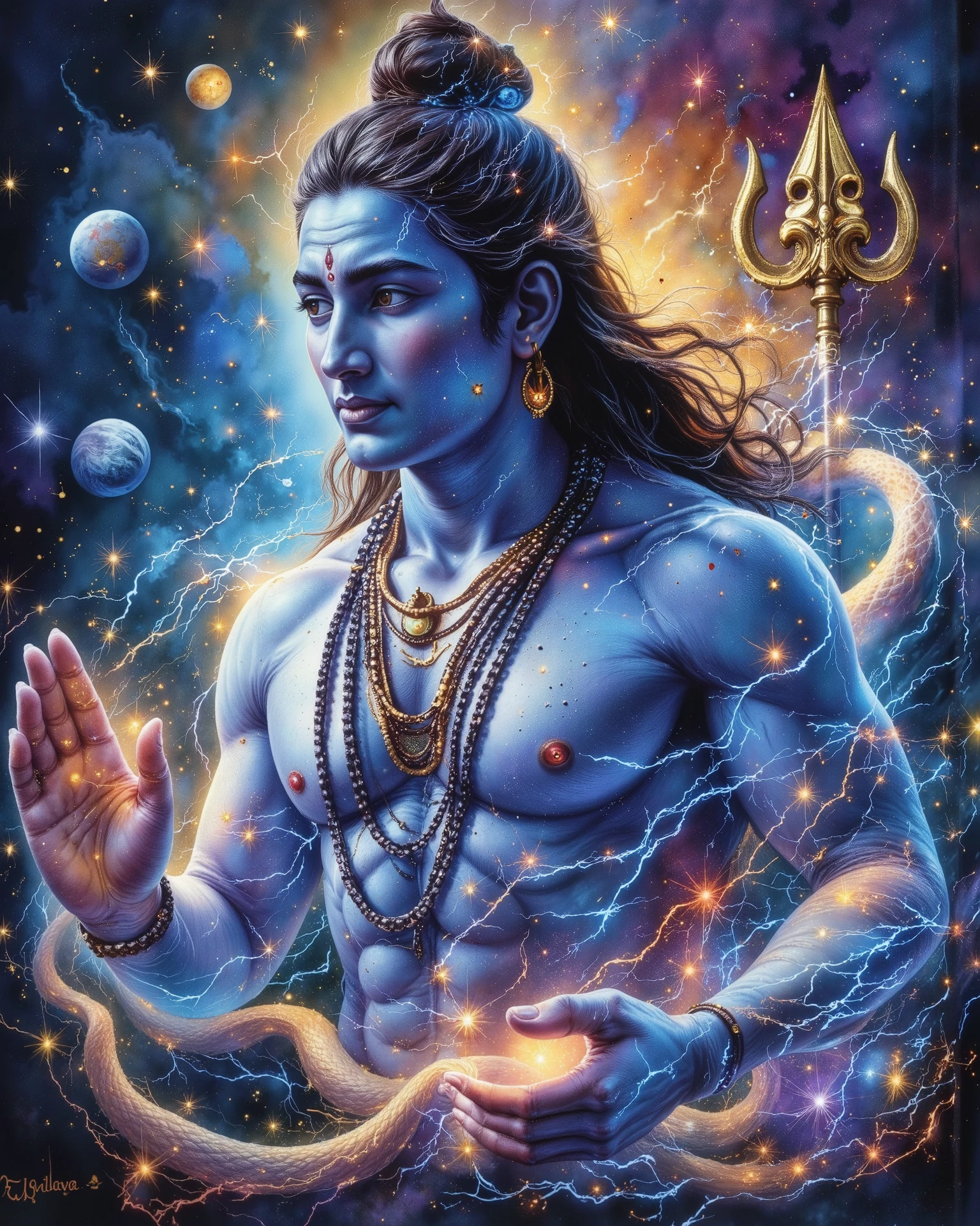 Depict Lord Shiva as a cosmic entity floating in a vast, starry nebula, embodying the universe itself. His body shimmers with celestial energy, blending shades of deep blue, violet, and golden light. His third eye glows intensely, radiating cosmic wisdom, while galaxies and planets subtly swirl within his form. The sacred Ganga flows from his locks, transforming into streams of cosmic energy. A massive, ethereal serpent coils around his shoulders, its eyes glowing with divine power. The Trishul (trident) floats beside him, crackling with divine lightning. The entire scene exudes a sense of serenity, power, and transcendence, merging spirituality with the mysteries of the universe."