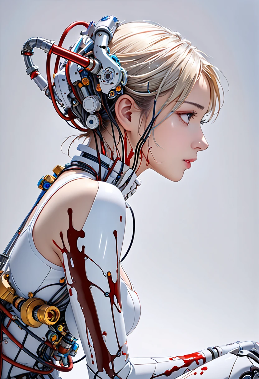 blanche、simple、(masutepiece, of the highest quality, Best Quality, Official art, Beautiful Indulgence: 1.2), (1 girl: 1.3), Very detailed, Colorful, Supreme Detail ((ultra-detailliert)), (High Definition CG Illustration), ((from a (Very delicate and beautiful)), (Since a while ago), Cinematic Light, (1 Mechanical Girl)), Solo, Full body, (Mechanical joints: 1.2), ((Mechanical rim blood vessels connected to canals Mechanical vertebrae attached to the back), ((Mechanical cervical vertebrae attached to neck)), (Sitting), deadpan, (Wires and cables attached to the neck: 1.2), (Wires and cables attached to the neck: 1.2), (Character Focus), Science fiction, White background, (Blood: 1.5)