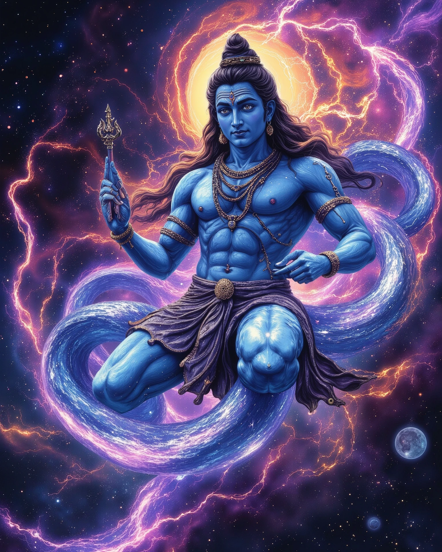 Depict Lord Shiva as a cosmic entity floating in a vast, starry nebula, embodying the universe itself. His body shimmers with celestial energy, blending shades of deep blue, violet, and golden light. His third eye glows intensely, radiating cosmic wisdom, while galaxies and planets subtly swirl within his form. The sacred Ganga flows from his locks, transforming into streams of cosmic energy. A massive, ethereal serpent coils around his shoulders, its eyes glowing with divine power. The Trishul (trident) floats beside him, crackling with divine lightning. The entire scene exudes a sense of serenity, power, and transcendence, merging spirituality with the mysteries of the universe."