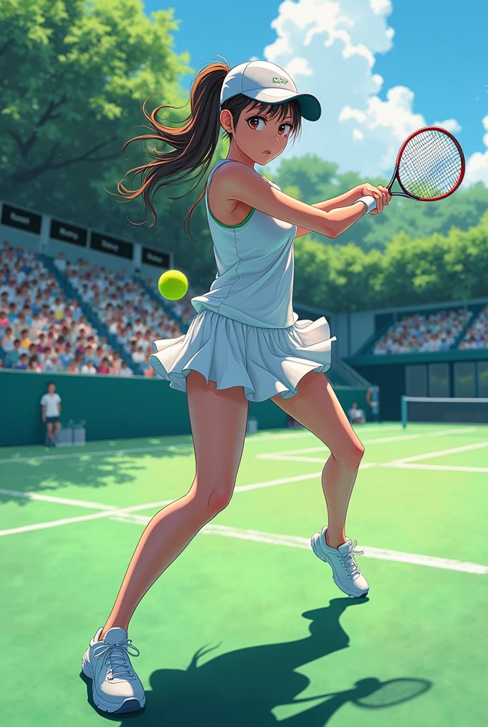 Holding a tennis racket in one hand、Please draw an illustration of a woman chasing the ball during a game.。The woman runs towards the ball with all her might、Sportswear fluttering in the wind。The audience seats can be seen in the background.、You can feel the tension of the match。