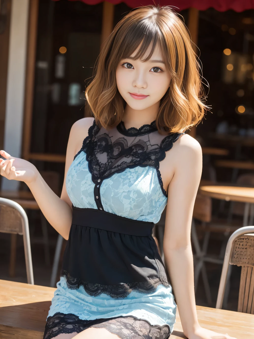 masutepiece, Best Quality, One girl, (Beautiful Girl:1.3), (16 years old:1.2), Very fine eye definition, (Symmetrical eyes:1.3), NSFW, (cute little、With net-like slits、Highly detailed mini dress with open neckline、:1.3), Beautiful breasts, Brown eyes, Parted bangs, Brown hair, Upper teeth、background outdoor blur、Chain Choker、sitting in a bench、White panties are visible