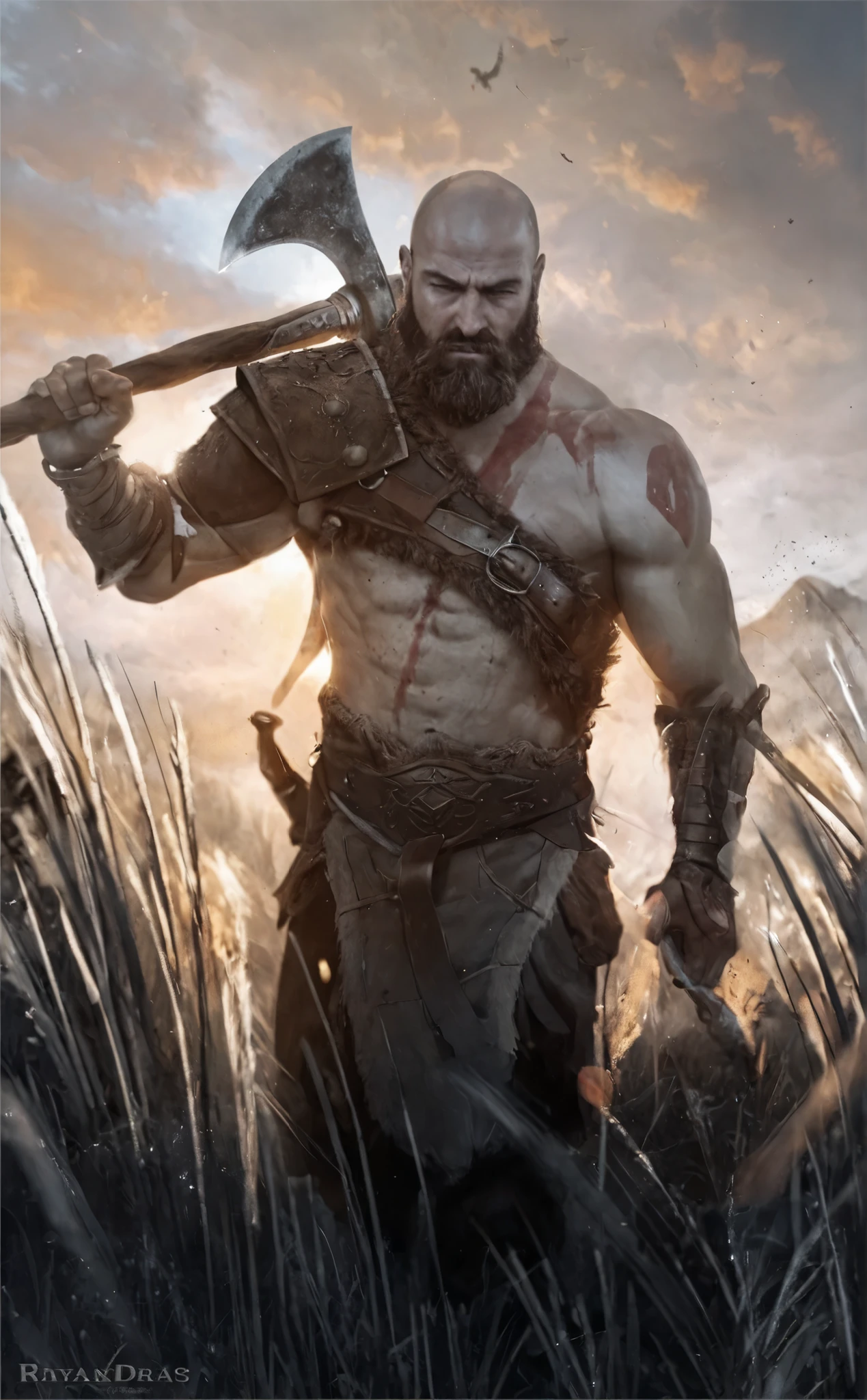 The warrior is a muscular, battle-hardened figure with a bald head, a thick beard, and a red war paint stripe running down his face. He grips a massive, intricately engraved battle axe with glowing runes, and in his other hand, he holds the severed head of a monstrous beast. His armor is a mix of rugged leather, fur, and metal plates, with visible battle scars and dirt. The environment is filled with tall, wind-swept grass, embers floating in the air, and a stormy sky lit by golden and crimson hues. The warrior’s expression is intense and resolute, exuding strength and dominance. The lighting is cinematic, with sharp contrasts and realistic textures on the skin, armor, and weapons hyper realism