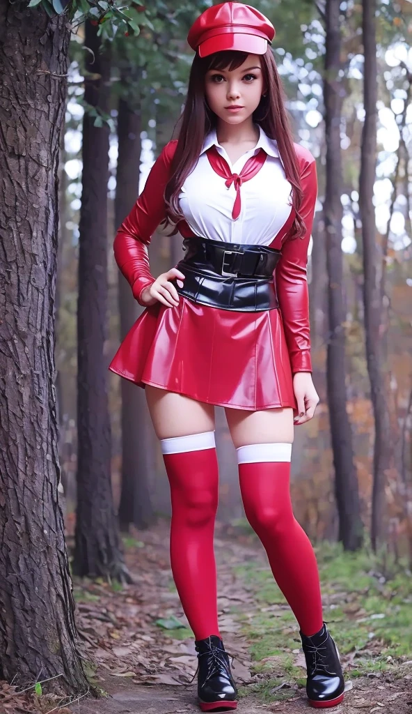  full body  , fitted figure  , cute beautiful girl,   beautiful cute face with big lips   ,  red sexy leather skater pinafore dress,   short puffy sleeve blouse  ,  red leather short skater skirt,   red silk pioneer neckerchief,   red leather Skater Pinafore ,   beautiful eyes .  stockings,   ,  girl standing  in the wood ,  photorealistic, full body,  thick platform shoes, stockings