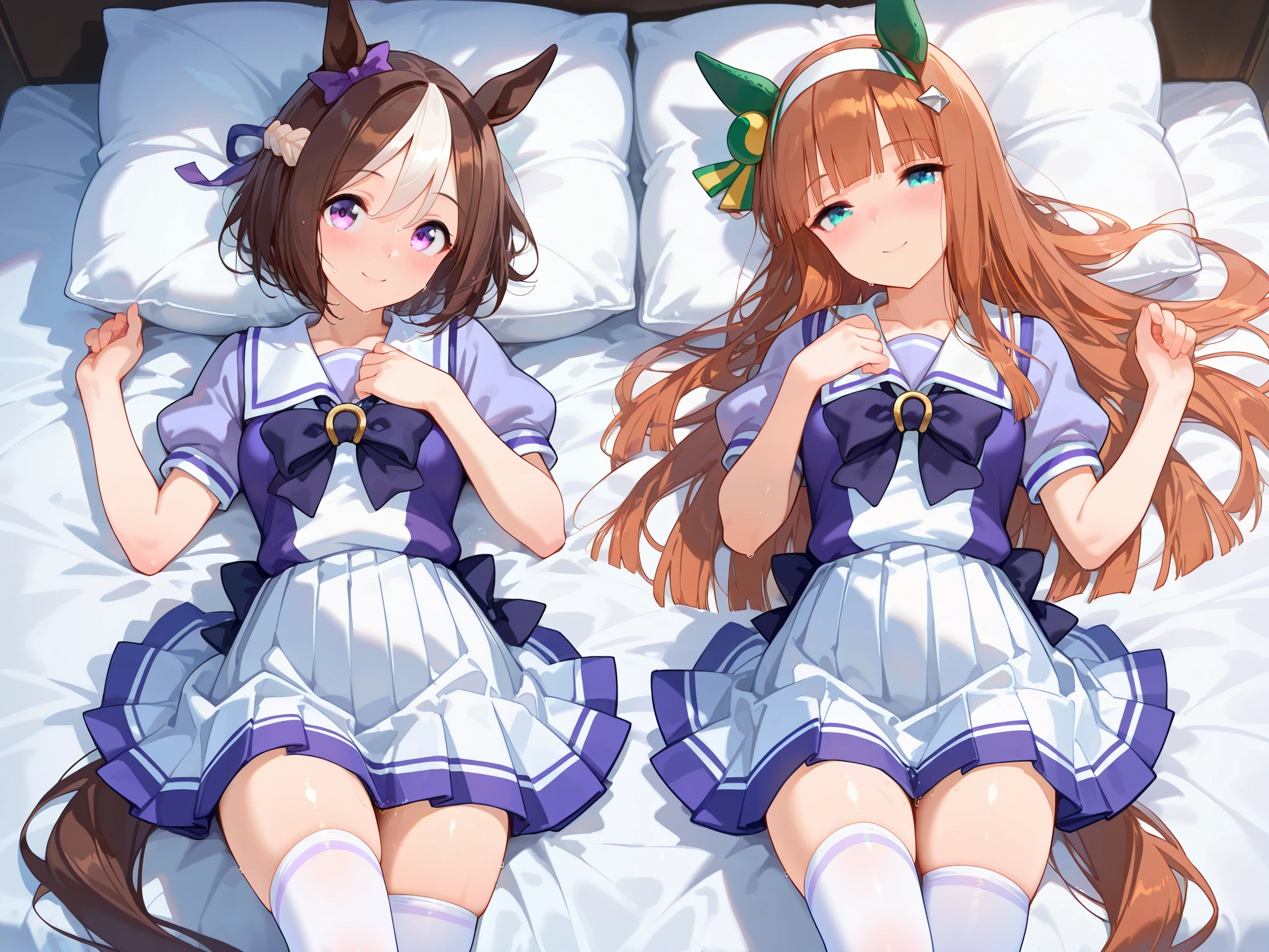 2girls, lie on back, on bed, from above
BREAK
,silence suzuka (umamusume), smile, happy
BREAK
,special week \(umamusume\), nsfw, (blush),(ultra detailed), ((masterpiece)),(best quality), (absurdres), (very aesthetic),((perfect hands)), ((detail body)),a masterpiece portrait of a woman with ultra detailed features, in 8K resolution, with crisp quality and vibrant colors,Trending on ArtStation, long_eyelashes/mascara,anime-style illustration,big eyes,shiny skin,jitome, wet eyes, sweat,head tilt,
tracen school uniform, summer uniform, serafuku, puffy short sleeves, purple bowtie, horseshoe ornament, sailor collar, sailor shirt, purple shirt, white skirt, pleated skirt, frills, miniskirt, zettai ryouiki, white thighhighs,