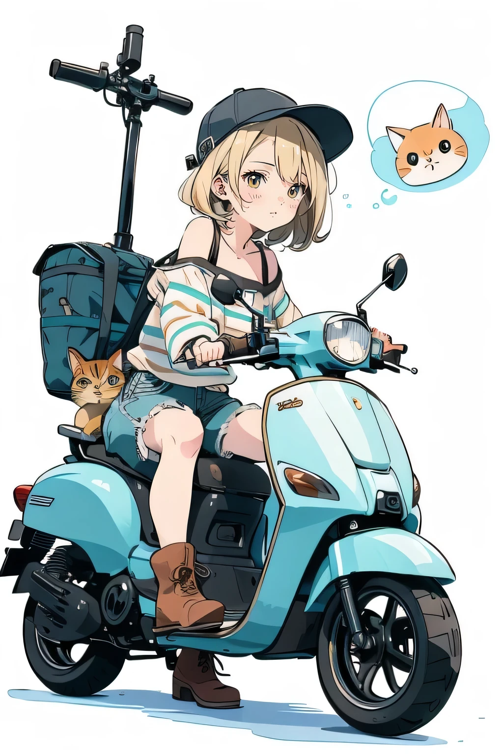 beautiful anime-style illustrations . A brown-striped cat is sleeping on a pale blue scooter seat. A blonde woman is crouching beside her scooter , Staring at the cat. The woman is wearing a green off-shoulder top , Denim shorts and brown boots. background is pale blue , It gives the illustration a simple and clean impression . The overall color scheme is soft , Creates a warm atmosphere .