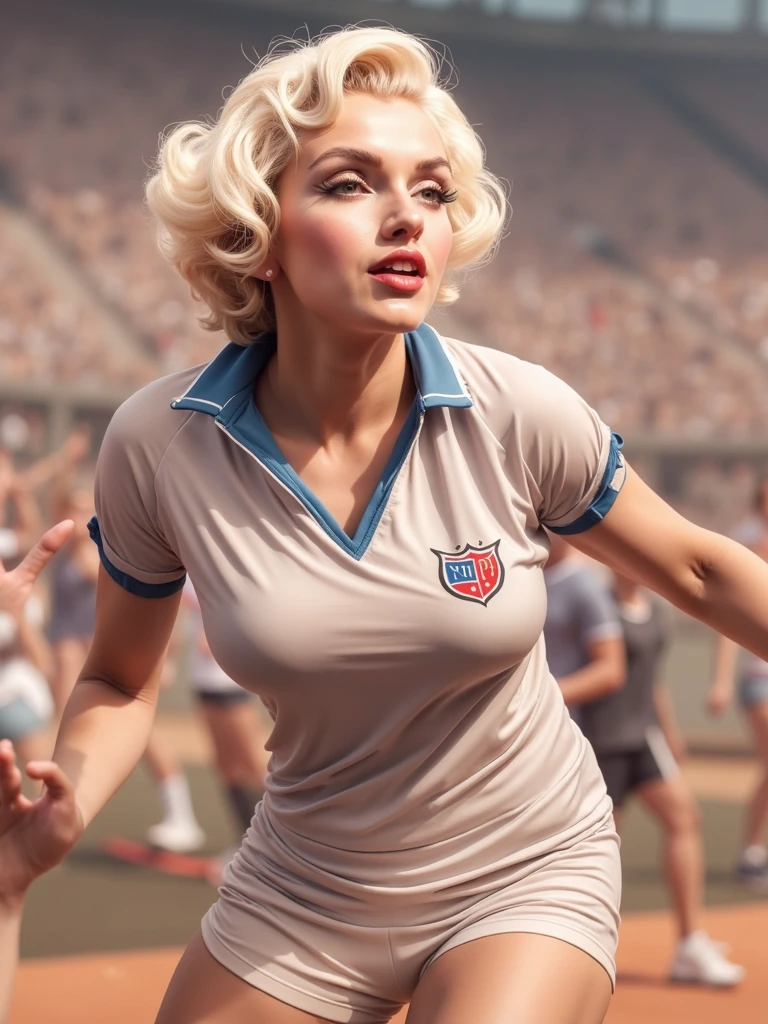 MILF, BBW, photo vintage, perfect female face, erotick, blonde, tache de rousseur, 1969, Tout de suite, red , aroused, mode, TRES GROS seins gigantesques, mineur, long cleavage, huge tits, 40HH, rear view, cheerleader costume, sourire leger, mode, football field background
