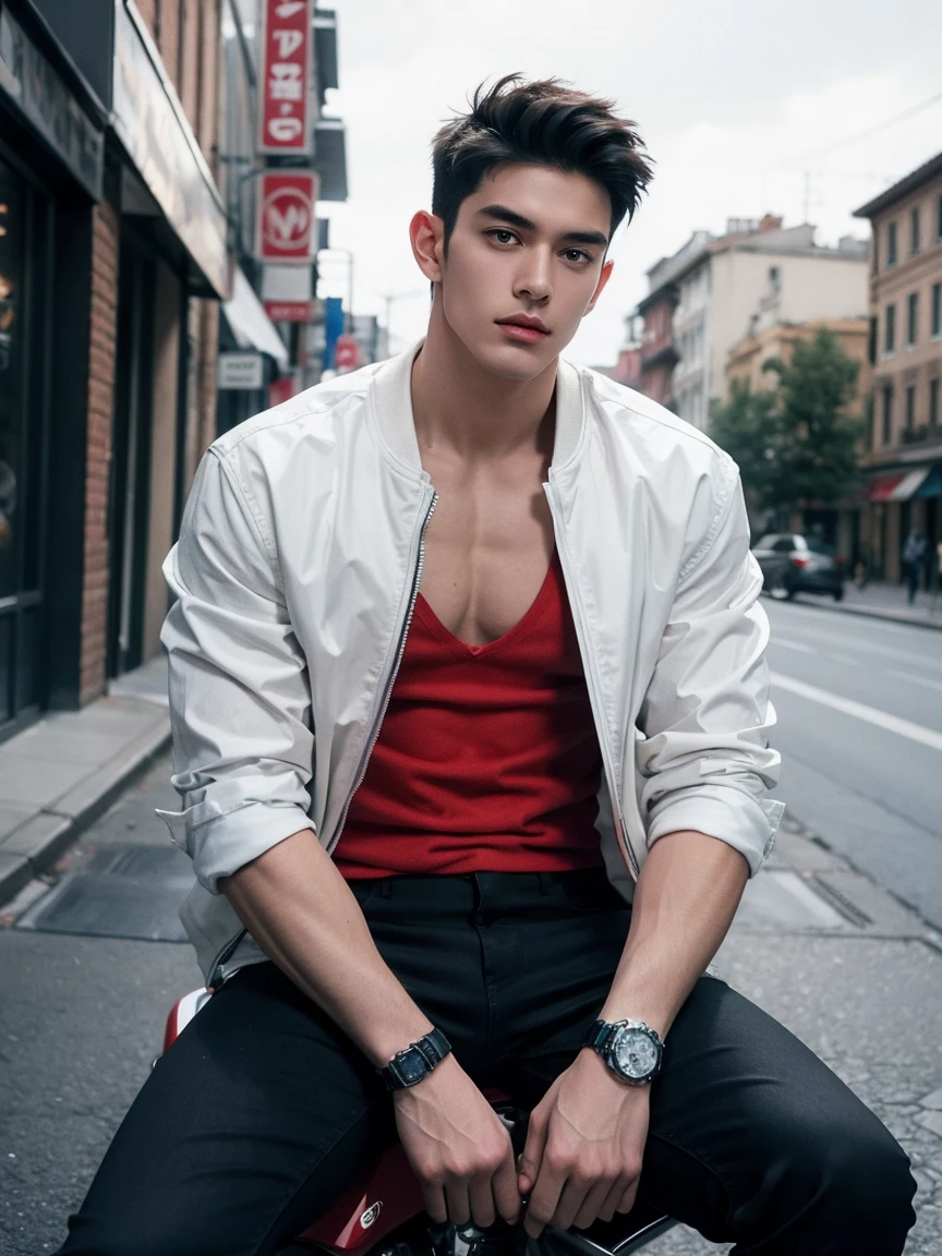 1 boy,male focus,Jacket,alone,jewelry,shirt,black hair,open Jacket,open clothes,short hair,outdoor,looking at the viewer,necklace,pants,black shirt,red Jacket,closed mouth,artist name,covered abs,put one&#39;s hand in one&#39;s pocket,Pectoral muscle,black pants,muscular,off shoulder,city,muscular male,building,undercut,