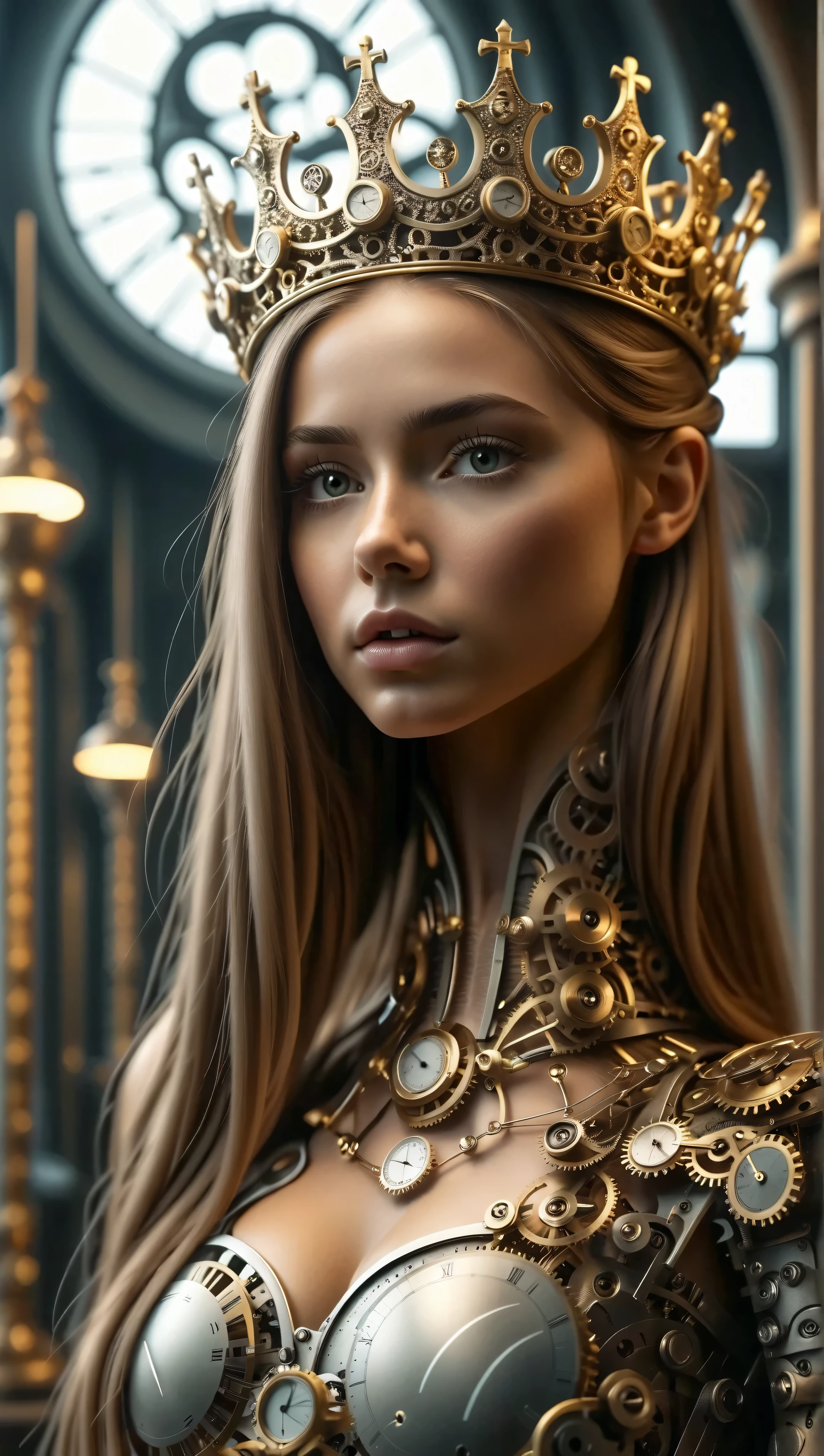 queen из серебра и золота, gorgeous and sensual, with very long hair and thin, slender legs , queen, topped with a large, finely detailed crown, timeart , anatomically very realistic, whole body, anatomical detail , side view, hair, cinematic, professional lighting, hair, finely detailed , in the watchmaker's workshop , couronne hair fractal , chest push-up effect , gorgeous and sensual neckline