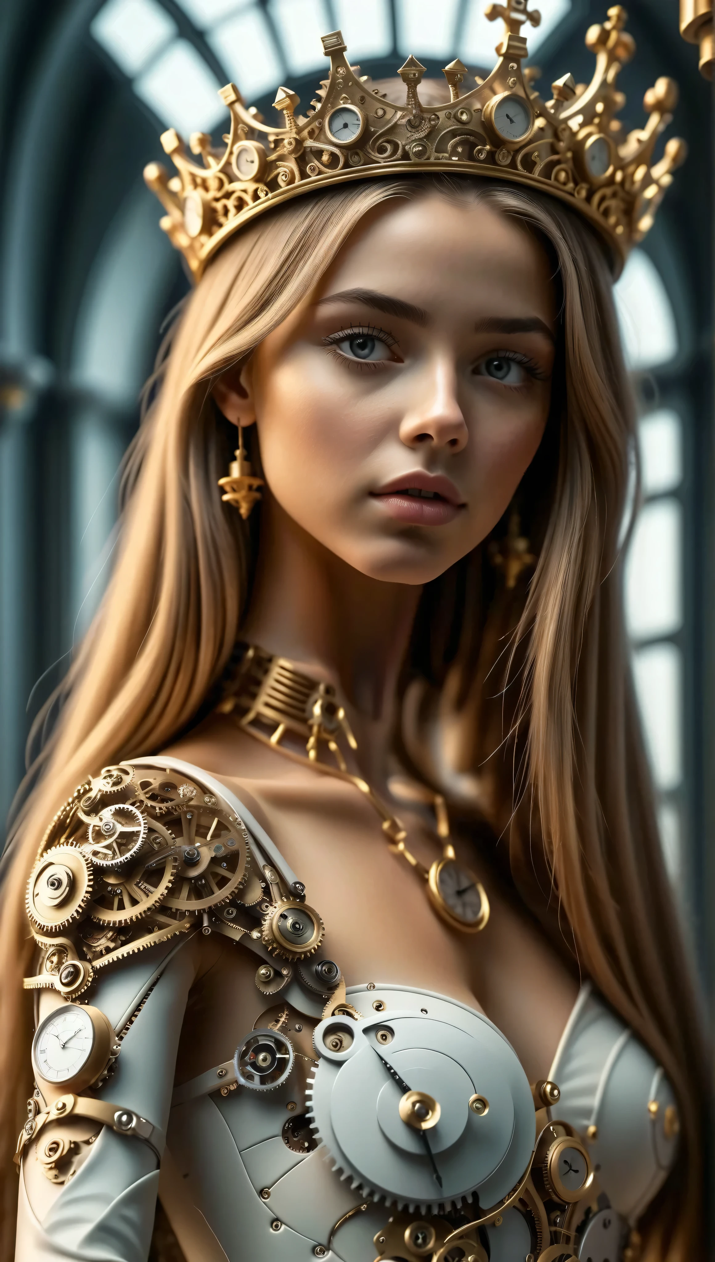 queen из серебра и золота, gorgeous and sensual, with very long hair and thin, slender legs , queen, topped with a large, finely detailed crown, timeart , anatomically very realistic, whole body, anatomical detail , side view, hair, cinematic, professional lighting, hair, finely detailed , in the watchmaker's workshop , couronne hair fractal , chest push-up effect , gorgeous and sensual neckline