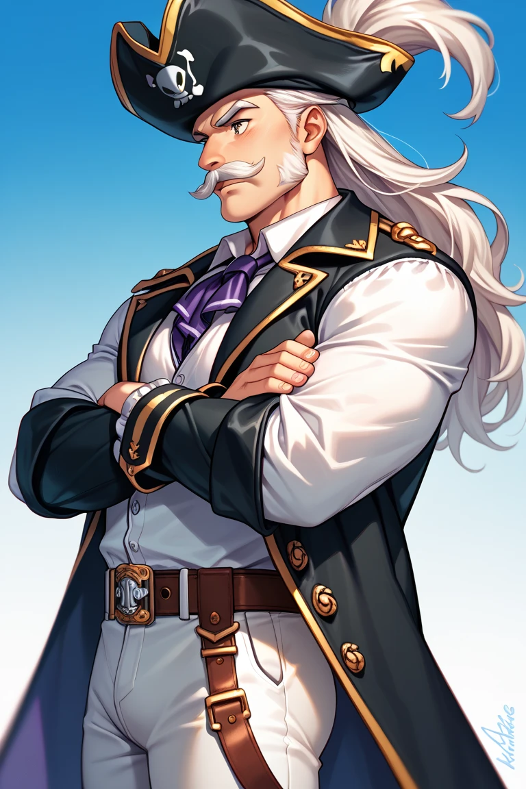 (solo), ((from Side)), Human, Male, ((age 30, adult character)), (dark black , middle-aged), arms crossed, long hair, (pirate clothes), Royal purple collard shirt, white pants, grey eyes, black coat, (Mustache), muscular, stern expression, portrait, white background, royal purple trimming, belt, looking forward, thigh up, character focus,