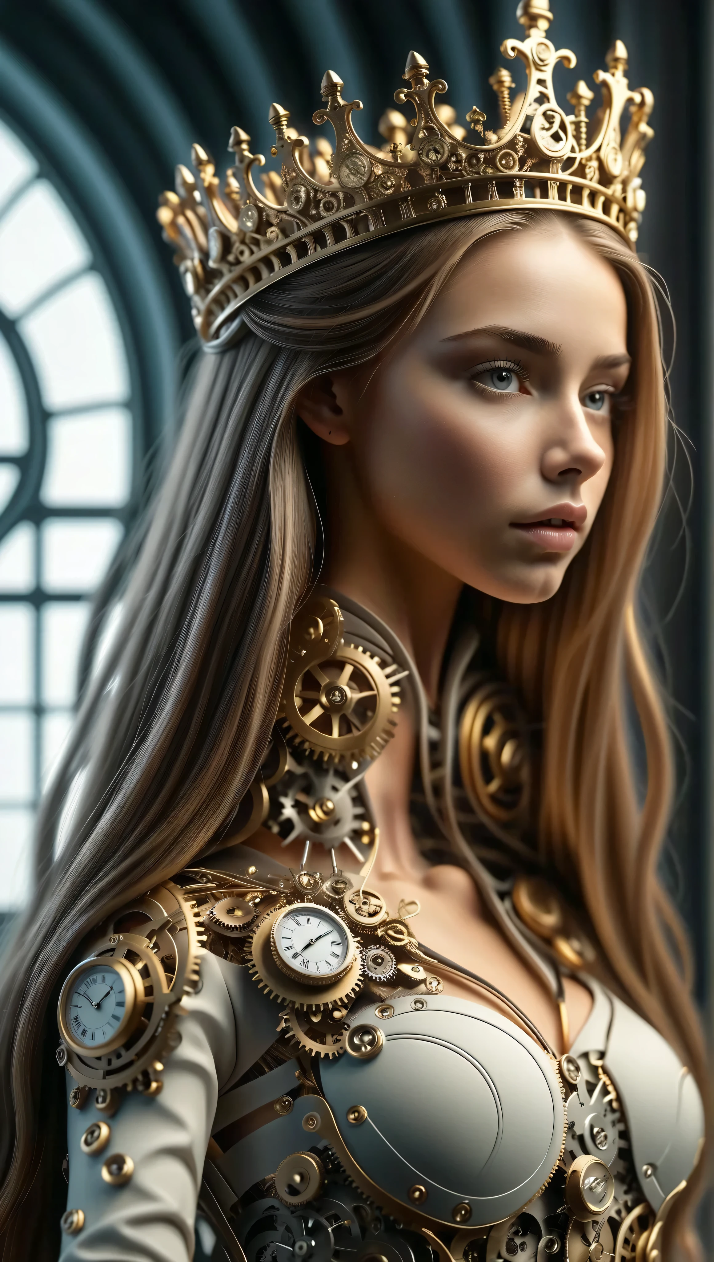 queen из серебра и золота, gorgeous and sensual, with very long hair and thin, slender legs , queen, topped with a large, finely detailed crown, timeart , anatomically very realistic, whole body, anatomical detail , side view, hair, cinematic, professional lighting, hair, finely detailed , in the watchmaker's workshop , couronne hair fractal , chest push-up effect , gorgeous and sensual neckline
