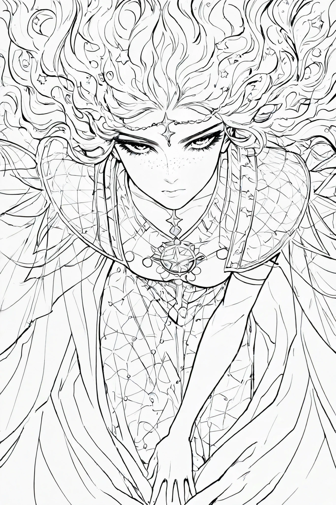 score_9, score_8_up, score_7_up, score_6_up, score_5_up, score_4_up,
BREAK
(masterpiece: 1.0), best quality, perfect anatomy, perfect composition, perfection, 4k resolution, absurdres, very aesthetic, professional artwork, absolutely beautiful, lineart, line art, greyscale, monochrome
BREAK
line art, four fingers and a thumb, timbrook, 1girl, celestial, amorphous hair shape, long hair, star shaped freckles, constellations in hair, long royal capelet, facing viewer, looking at viewer, large eyes, leaning forward, close-up, from above, upturned eyes,