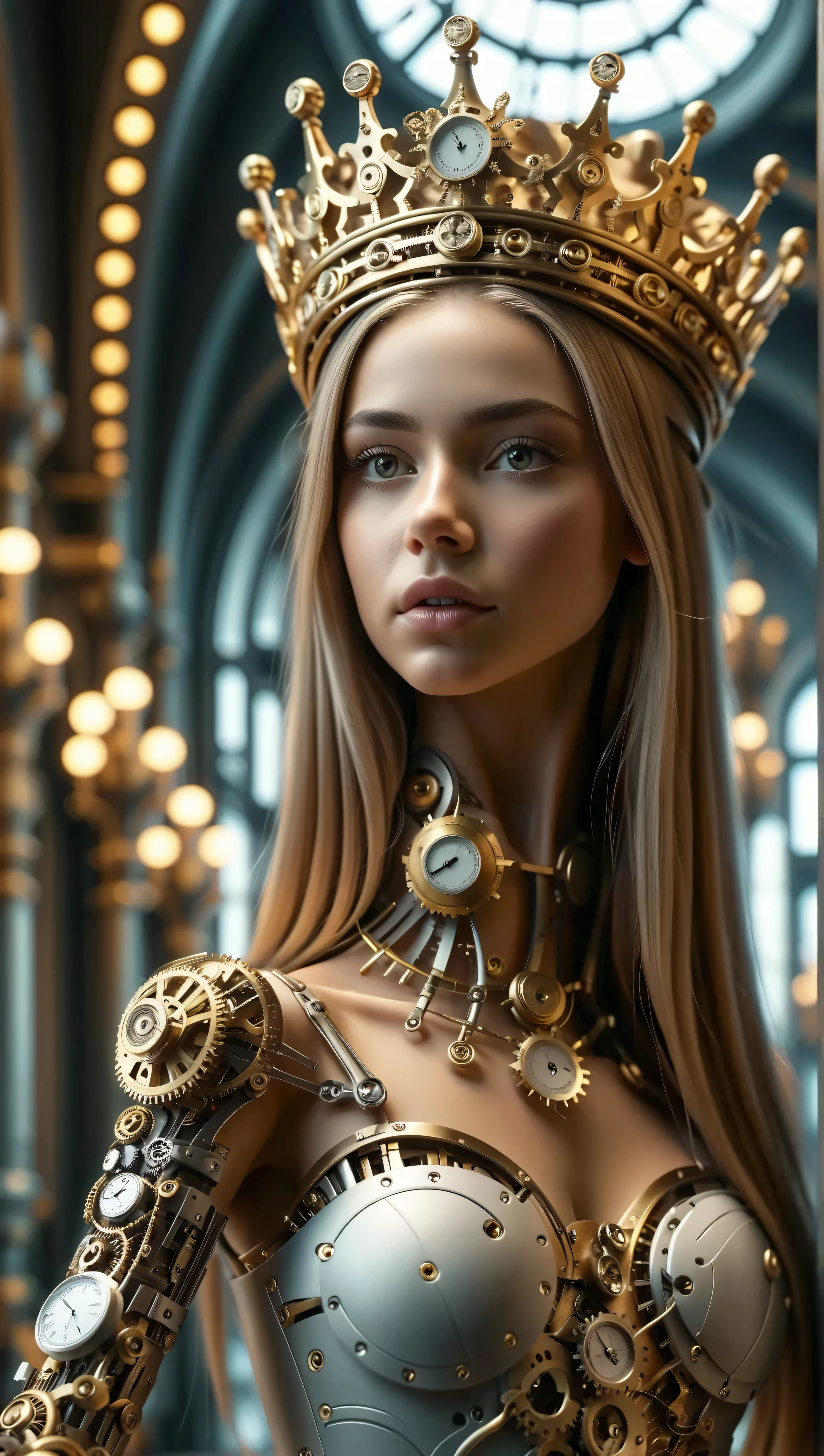 queen из серебра и золота, gorgeous and sensual, with very long hair and thin, slender legs , queen, topped with a large, finely detailed crown, timeart , anatomically very realistic, whole body, anatomical detail , side view, hair, cinematic, professional lighting, hair, finely detailed , in the watchmaker's workshop , couronne hair fractal , chest push-up effect , gorgeous and sensual neckline