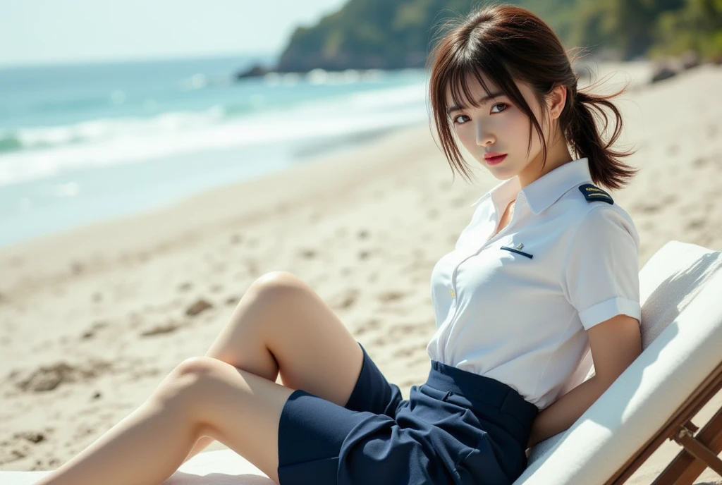 (Best Quality, hight resolution, masutepiece :1.3), (Taken from below), Pretty Woman, Orange sunset sky, Sun and clouds on sea background, Cute girl in uniform. Her hair is light brown in medium bob style. She wears a white blouse and pleated skirt, squatted with legs wide open, Blushing face, looking in camera, Dynamic shooting angle