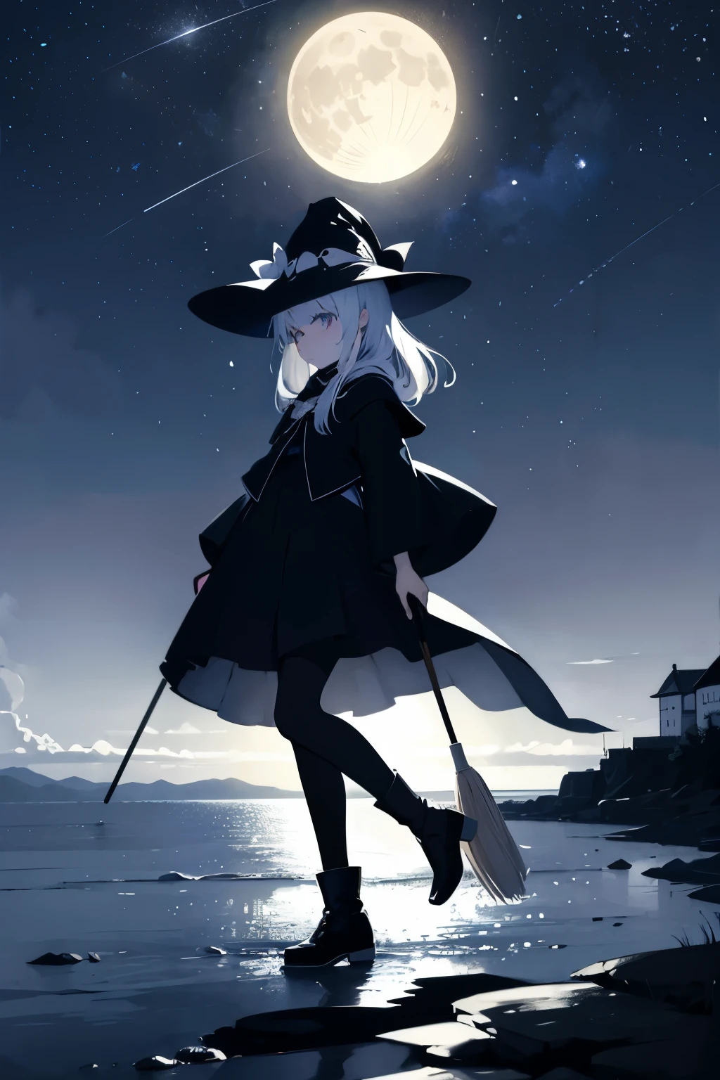 Translucent Illustration 、 Japanese anime style illustration 、 Small Shadows Seen in the Distance 、 Shadow of a Little Witch Straddling a Broom Can Be Seen in the Distance 、green、 Dynamic Angle 、 is amazing、 Highest precision、 top quality 、 fantasy、Effective Production 、 Full Moon Seen in the Distance 、 Seaside Town Sky at Night 、 Horizontal Line、movie、 artistic、delicate、sentimental、 highlights 、 Contrast