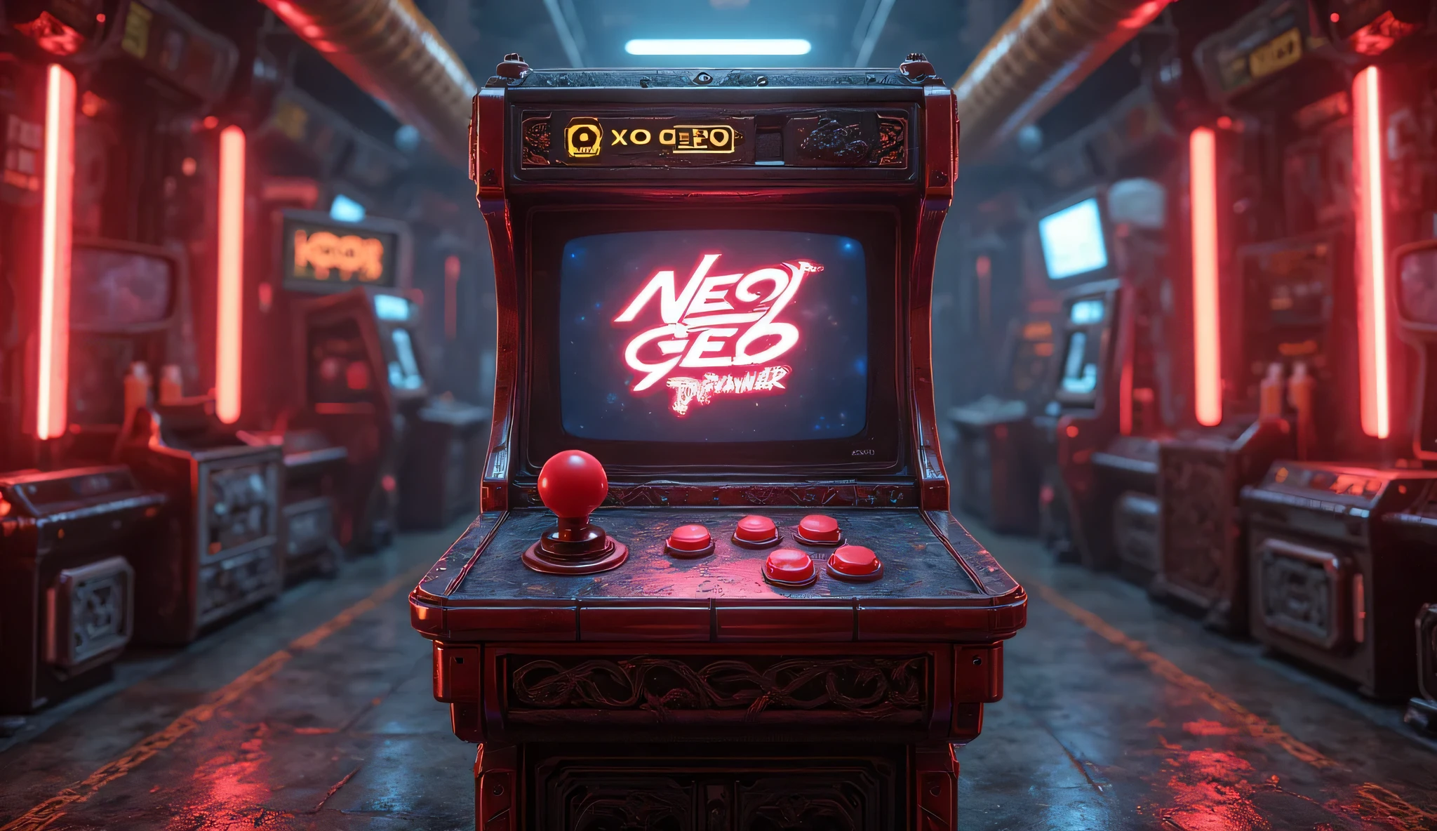 Game room game console with Neo Geo logo floating on the screen. 4 buttons on a red joystick. A huge game console with rich texture and luster