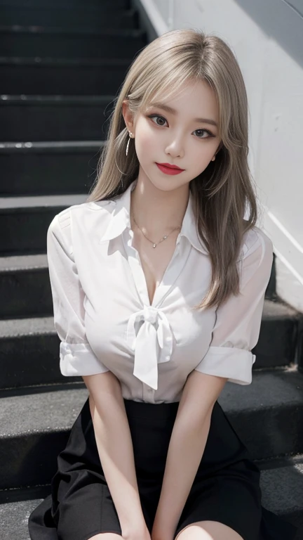 Mix 4, (8k, RAW Photos, Highest quality, masterpiece: 1.45), (Realistic, photoRealistic: 1.37), kitagawa marin, (Blonde, Pink gradient hair), ((Long Hair, Sink bangs,Colorful Hair, Red eyes)),Pose like a model,Japanese women, 16 years old,high School student、Model body type, (Big Breasts:1.3), Narrow waist, Beautiful Face, Beautiful Eyes, Multiple simple dot earrings on earlobe, Cartilage rod piercing, White shirt, Shirt with tie, Black choker, Blue tie, Checked skirt, ニヤリと笑うsmile, カウボーイshot, inside the School、classroom、hight School, 1 girl, alone, Detailed face and eyes, Upper body photo. Realistic, Realistic.Marin Gyaru,School_uniform, Embarrassed look, (((( M-shaped feet, please look )))), (Please spread your legs wide and show me: 1.5), Real nipples, Genuine open, Browsing Caution, (erupt from pussy:1.2),(erupt:1.2),(A puddle of pussy juice:1.15)(smile:0.7)、((shot))、((Crotch close-up:1.2))、((Pictures that emphasize pussy))、Real Pussy