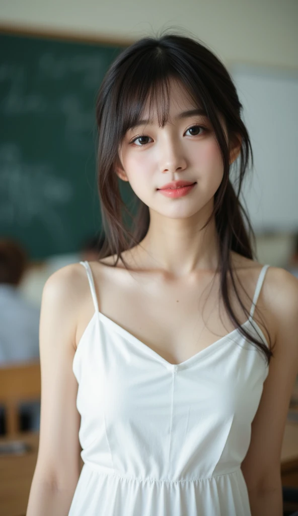 ((School classroom))、(8K, Highest quality, Realistic:1.3, photoRealistic), (alone), (1 Girl), Japanese、Light, (masterpiece:1.2), Depth of written boundary, (In the room), (A nice firm mid-bust:1.2), Small beautiful butt, (Narrow waist), Thin thighs、(White skin), (Beautiful silky brown hair),(Beautiful Face:1.2) ,(Bright Eyes), Slender body line、(A petite and elegant girl:1.2、Baby-faced princess:1.4), alone , ((Noble sheer dress:1.3))、(from the front)