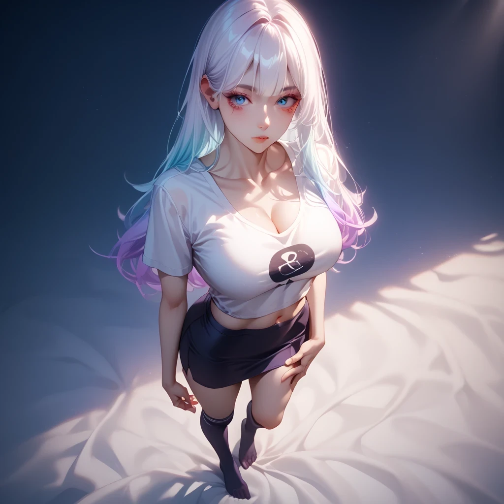 hand on own ass, (pastel purple White hair, gradient hair),, top quality、 Masterpiece、( professional lighting )、 surreal、 (Nipples:0.4), enchanting、 Slim waist、 1 girl, (full body, (Head-to-toe shot:1.4), full body shot, from front, from above,), ( slightly larger breasts, midriff peek ), ( oily skin ), ( bright, beautiful blue eyes , (( Princess cut, long hair , layer cut )), ( black mini tight skirt , U-neck t-shirt, cleavage visible ,(( punk style fashion))) , ( bright光の中で目を細める美しい顔 ), knee-high socks, having sex in the woods