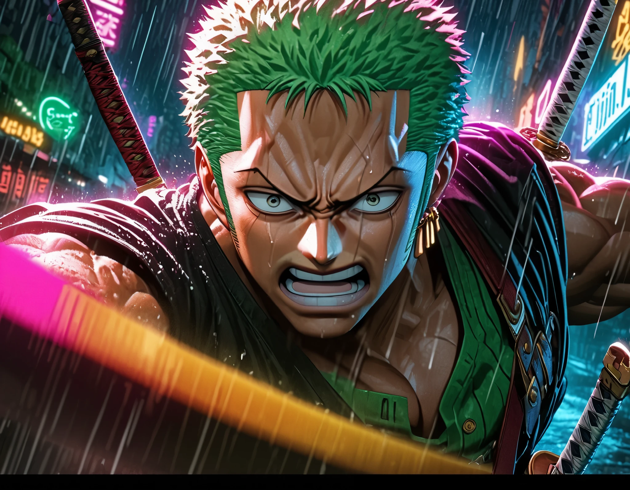 Roronoa Zoro, three swords, katana, stylish clothes, detailed portrait, intense expression, focused gaze, dynamic pose, muscular build, urban alleyway background, neon lights, rain effects, cinematic lighting, dramatic colors, vibrant palette, digital art, 8K, ultra-detailed, photorealistic