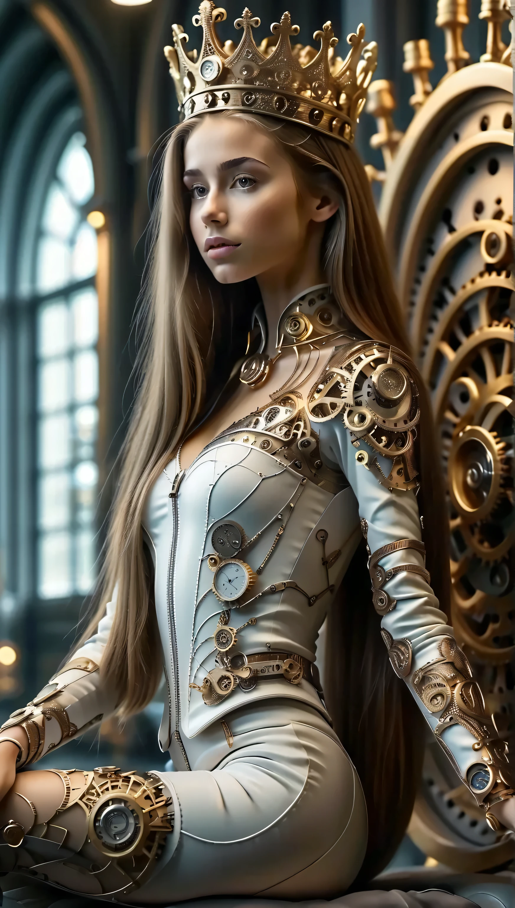 queen из серебра и золота, gorgeous and sensual, with very long hair and thin, slender legs , queen, topped with a large, finely detailed crown, time art, anatomically very realistic, whole body, full height, anatomical detail , side view, hair, cinematic, professional lighting, hair, finely detailed , in the watchmaker's workshop , couronne hair fractal , chest push-up effect , gorgeous and sensual neckline