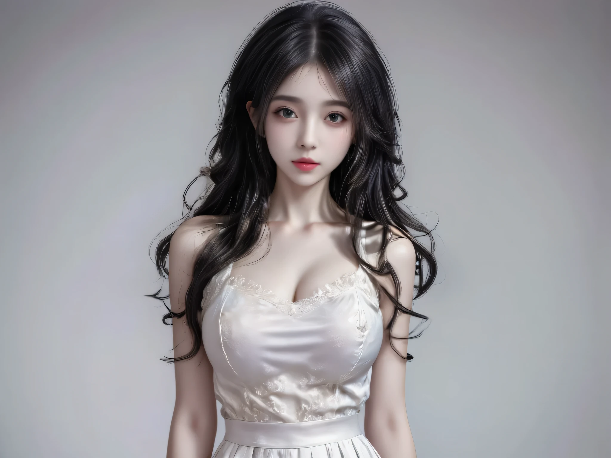 beautiful girl, Age 28 years, Young face, standing, long layered hair style, big curls, party hairstyles, party curls, flat chest , Very beautiful, black hair, ผิวVery white, Very white, beautiful,, Wearing White Skirt Dress, front view, standing, japanese, White skin,, arrogant face, thin, standing, Realistic, Masterpieces,movies,8K resolution, Details Clear, Half-shot.