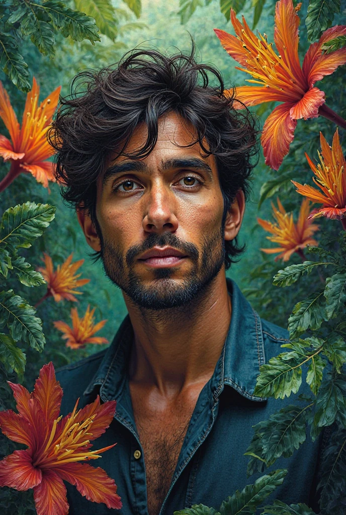 A Brazilian man in a lush tropical garden, wearing an open shirt with a floral print, with a close-up capturing the harmonious beauty between her chest and the natural flowers, showing off your natural charm and outgoing personality.