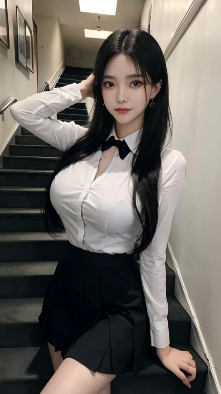 Photorealistic, high resolution, 1 woman, Hips up, Beautiful eyes, Black hair, Long hair, ringed eyes, Collared shirt, black necktie,White skirt, pencil skirts