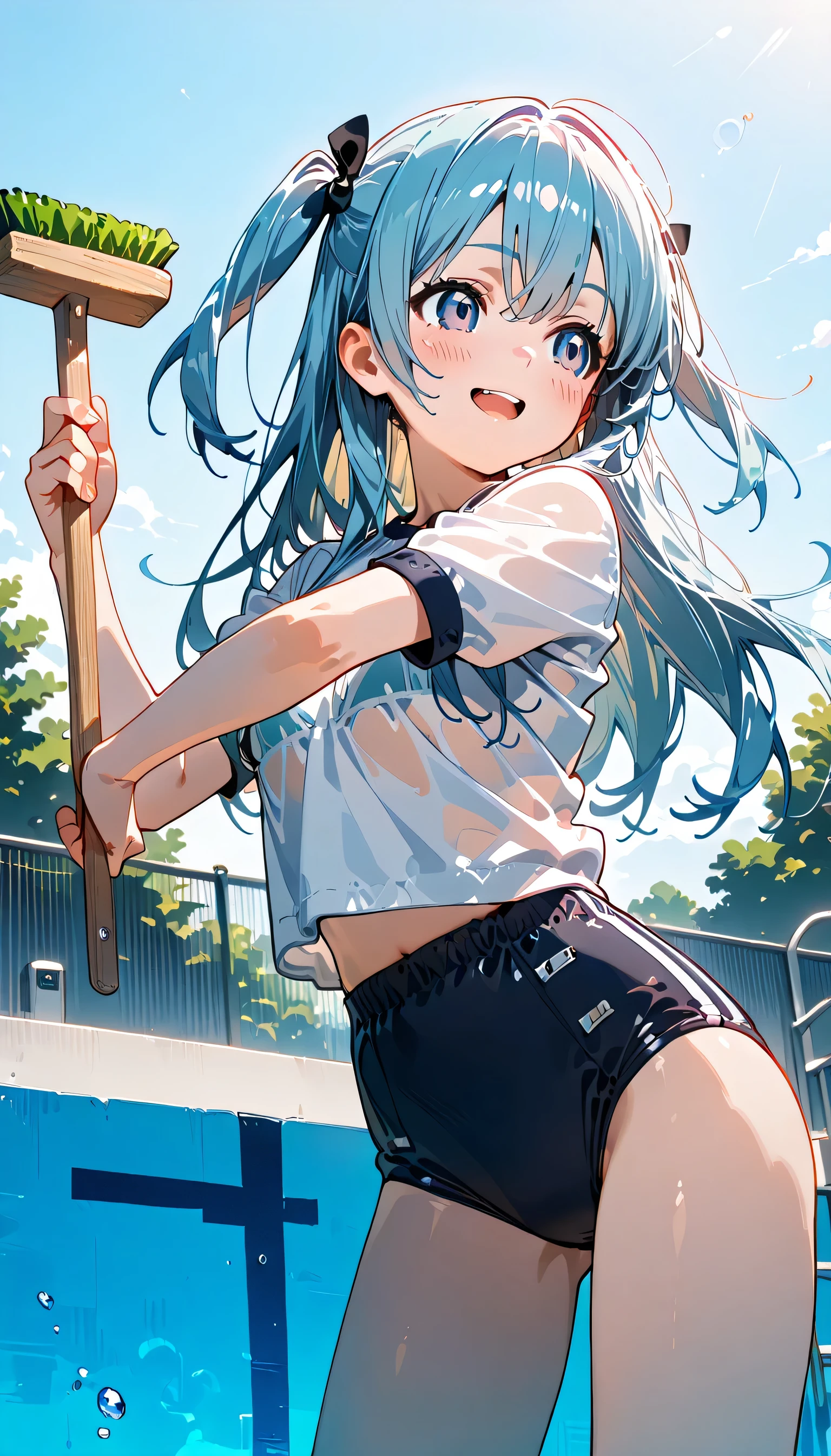 ((ultra-detailed)), (highly detailed CG illustration), (best quality:1.2), ultra-highly detailed, colorful composition, artistic photoshoot, 1girl, solo focus, ((thigh to top:1.4)), ((cowboy shot:1.4)), moe anime character, girl, dainty facial structure, (bab(round face), ((rounded chin:1.2)), ((ideal ratio body proportions)), celia-default, celia claire, (blue eyes), sparkle eyes, ((silver hair color:1.4)), ((two side up:1.4)), (hair ribbon with red), ample breasts, (school gym uniform), (navy blue school gym buruma), wet clothes, wet body, ((sweat:1.4)), ((smile:1.4)), ((happy:1.4)), ((joyful:1.4)), ((blush:1.4)), ((open mouth:1.4)), ((standing in a empty pool:1.4)), school pool, ((cleaning the bottom of the pool)), ((detergent foam)), ((holding the deck brush with right hand:1.4)), ((wipe the sweat on forehead with left hand:1.4)), ((from below:1.4)), ((dynamic pose:1.4)), ((contrapposto pose:1.4)), best quality, expecting, pink cheek, blush, light pink gloss slip, portrait, depth of field, ((hot)), ((the sun is pouring down:1.4)), ((Glittering sunlight:1.4)), ((Backlight:1.4)), (shine), lighting, caustics, ray tracing, perfect face, lustrous skin, highly detailed face, highly detailed eyes, perfect face, perfect nose, perfect hair, perfect eyes, perfect anatomy, beautiful hair, beautiful small face, extremely detailed face, beautiful detailed eyes, beautiful clavicle, beautiful body, beautiful huge breasts, leavage, breasts squeezed together, equalize the size of the left and right breasts, beautiful thin thighs, beautiful legs, beautiful fingers, ((4 fingers)), 1 thumb, lovely, (very detailed background:1.0), (highly detailed background:1.0), summer aesthetic, intricate details, joyful atmosphere, summer colors palette, chromatic aberration
