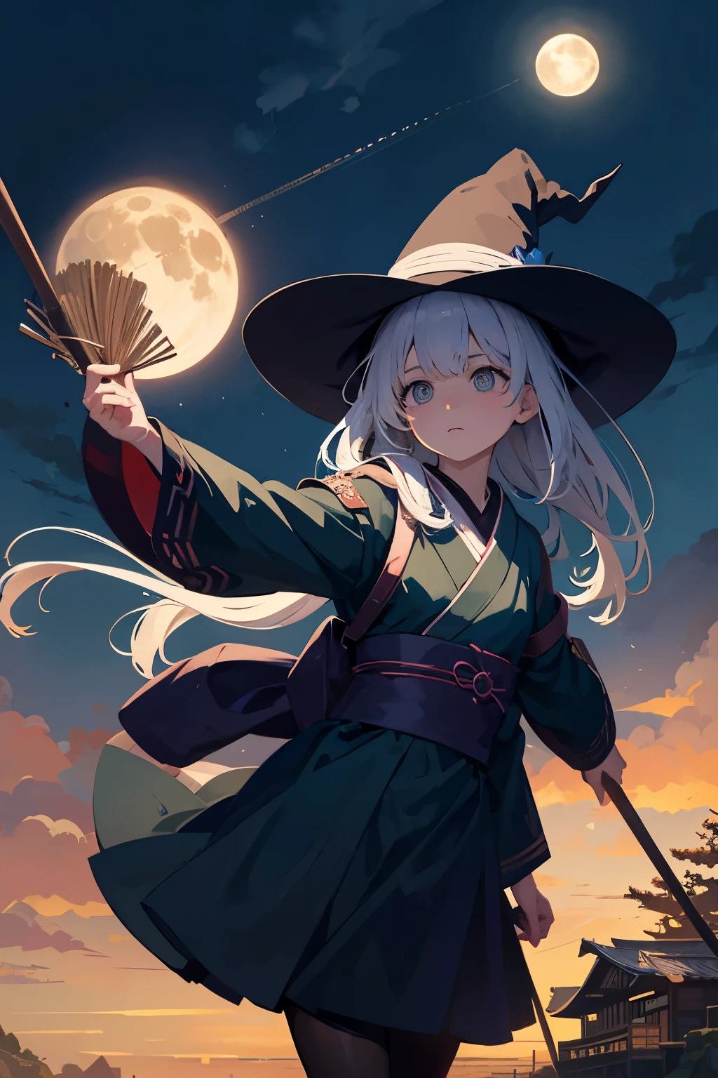        Translucent Illustration       、     Japanese anime style illustration     、    Small Shadows Seen in the Distance    、  Shadow of a Little Witch Straddling a Broom Can Be Seen in the Distance 、green、   Dynamic Angle 、   is amazing、 Highest precision、 top quality 、    fantasy、Effective Production       、     Full Moon Seen in the Distance     、   Seaside Town Sky at Night    、    Horizontal Line、movie、   artistic、delicate、sentimental、 highlights 、 Contrast 