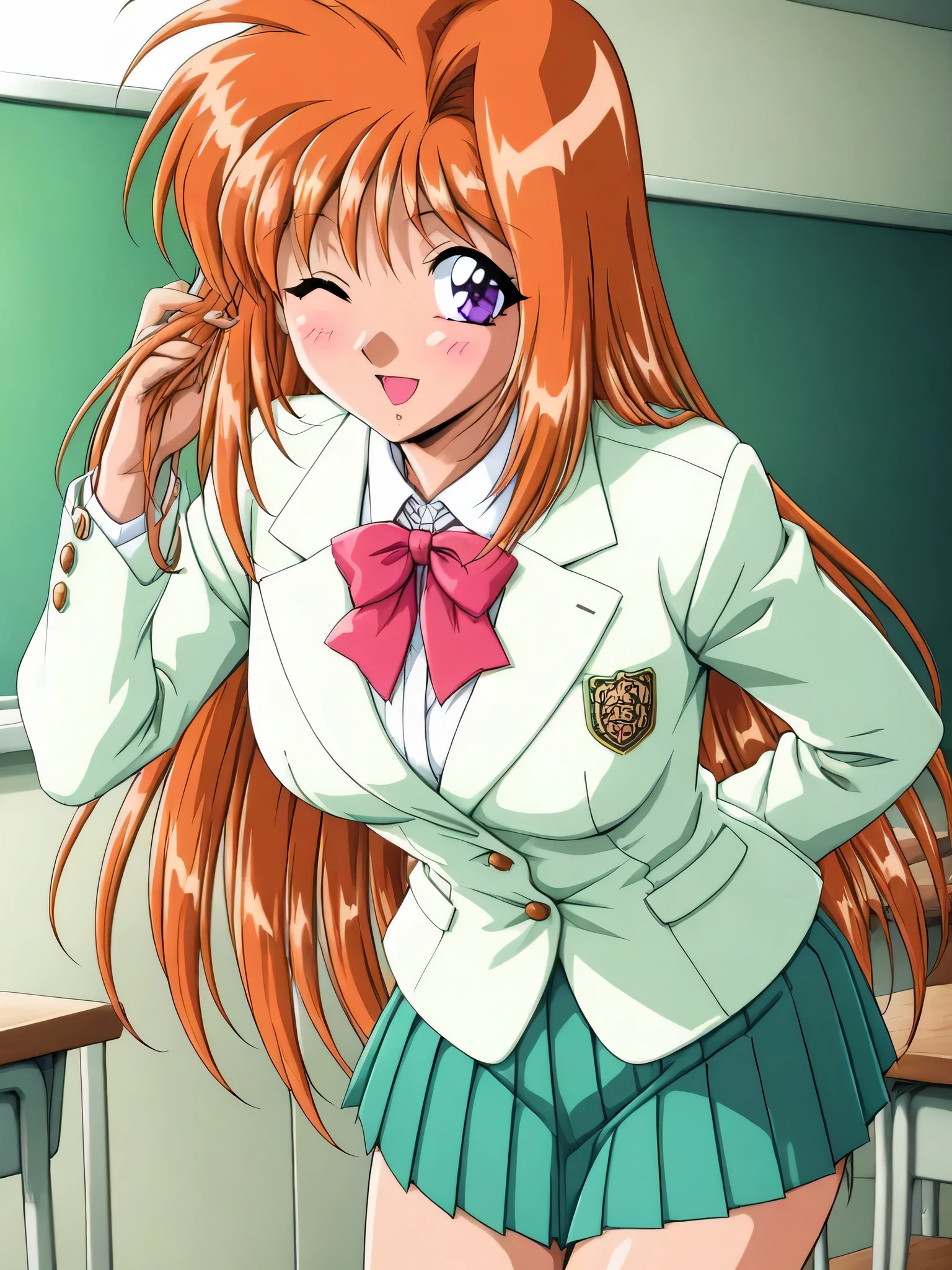 masterpiece, best quality, SaekiRuruna, 1girl, solo, long hair, orange hair, purple eyes, medium breasts, antenna hair, Fruitfulness,smile, one eye closed,blush, 1990s \(style\), School Uniform,blazer,jacket, Collared shirt,Long sleeves,leaning forward,hand in own hair,arm behind back,large midium brests,green pleated skirt,classroom,standing,(bust up shot),