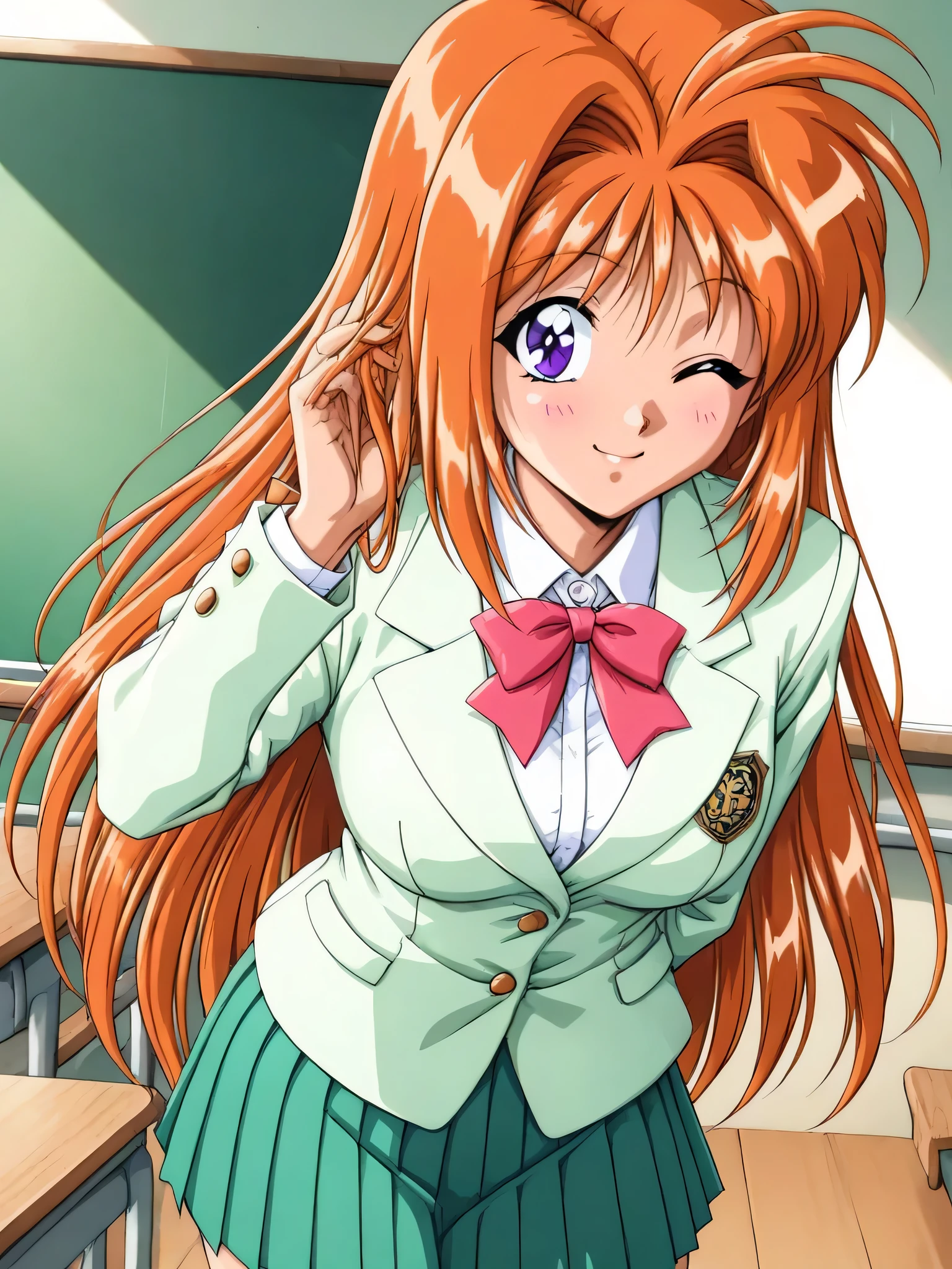 masterpiece, best quality, SaekiRuruna, 1girl, solo, long hair, orange hair, purple eyes, medium breasts, antenna hair, Fruitfulness,smile, one eye closed,blush, 1990s \(style\), School Uniform,blazer,jacket, Collared shirt,Long sleeves,leaning forward,hand in own hair,arm behind back,large midium brests,green pleated skirt,classroom,standing,(bust up shot),