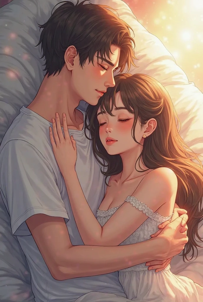 Couple sleep on bed and girl hugs boyfriend this morning time feel love