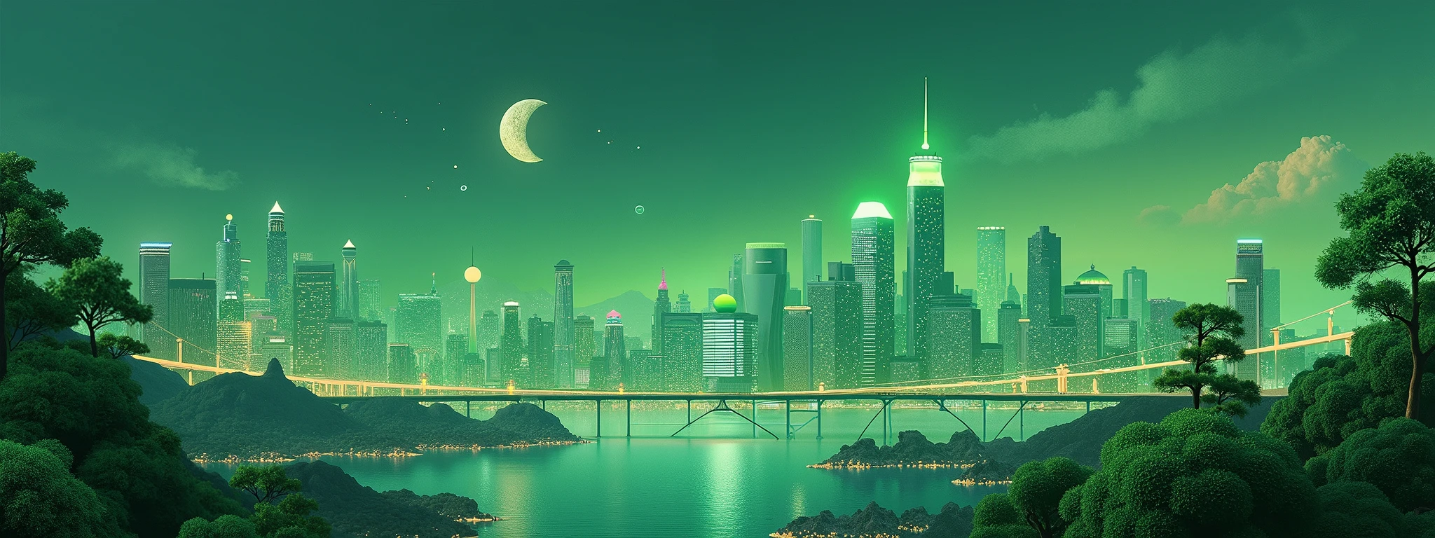 Green tone, cityscape,Skyline,Full range projection,Glowing plants,night