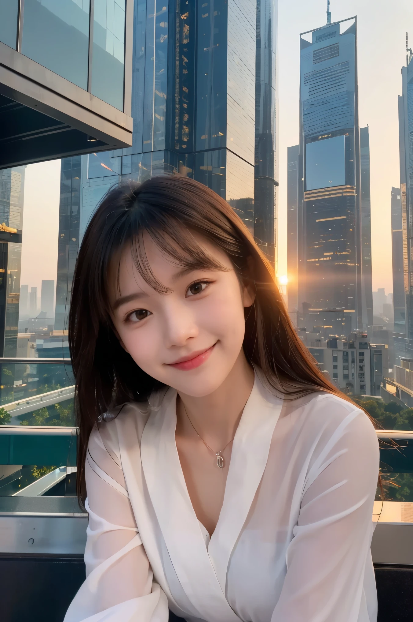 (1 Korean star with royal sister style), ((Best quality, 8K, Masterpiece: 1.3)), focal point: 1.2, Perfect body beauty: 1.4, (Make a smile), (Sunset: 1.3), Watery eyes, highly detailed face and skin textures, Fine eyes, Double eyelids, whitened skin, (Long hair, Air bangs: 1.3), (Round face: 1.5), (Uniform: 1.4), (standing on rooftop: 1.6),(white stocking: 1.4),(film grain style:1.3),a sense of atmosphere