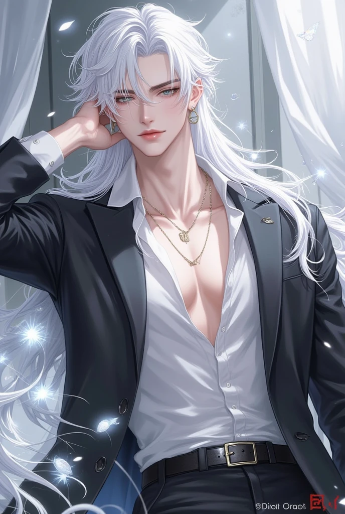 A highly detailed and ultra-realistic illustration of an elegant anime-style male character with long, flowing silver hair and fox ears. He has his bangs down, sharp features, pale skin, and intense golden eyes, looking to the side. The image captures his whole body, showcasing his loose, open shirt and well-defined chest. The background is simple, focusing on the character's intricate details and graceful presence, golden eyes