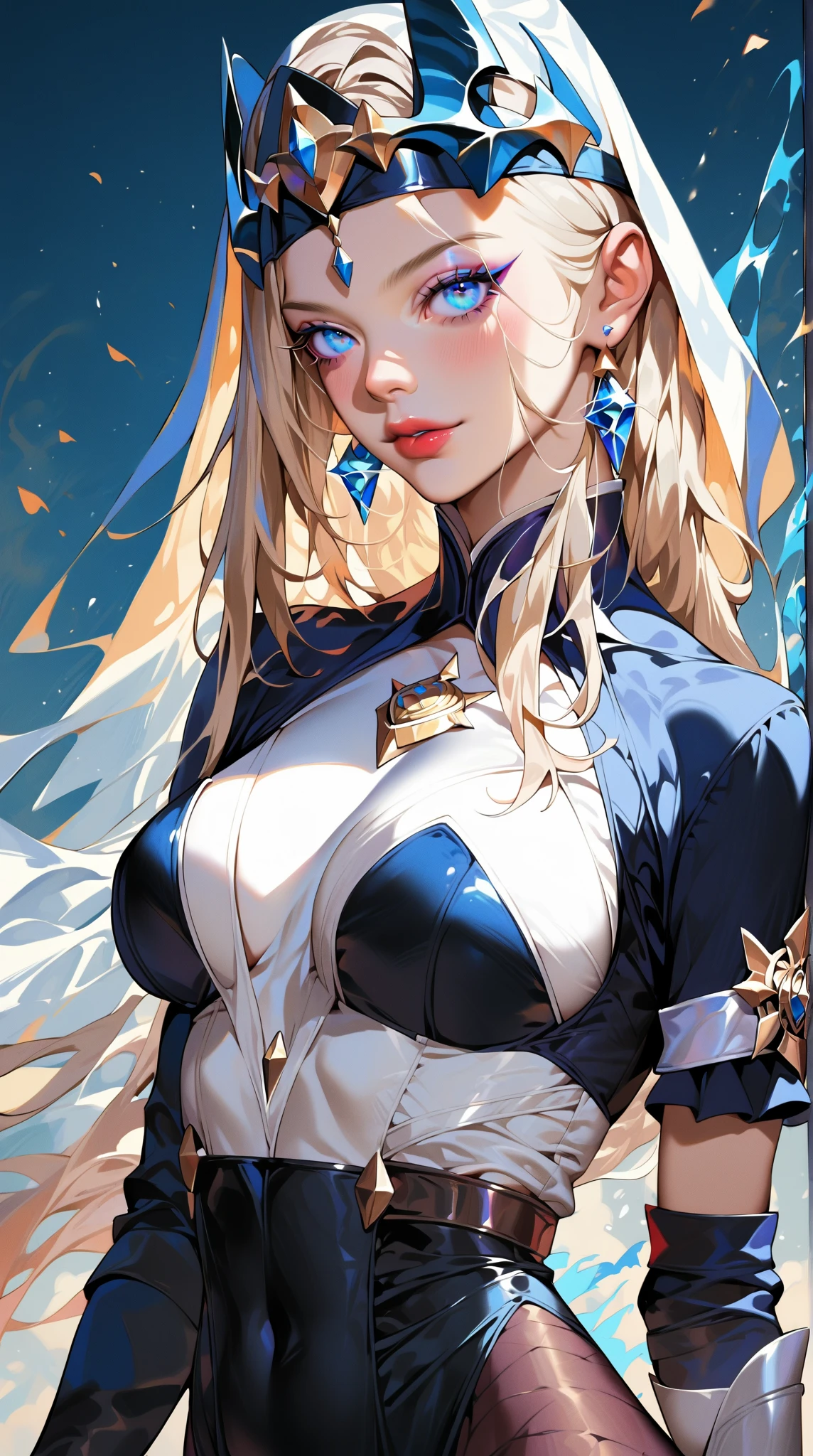((Britney Spears)), {{{masterpiece}}}, {realistic:1.2}, best quality, official art, extremely detailed CG unit 8k wallpaper, day, artbook, game_cg, ((Britney Spears 1girl)), NSFW, overexposed, milf, detailed bra, medium breasts, solo, long blonde hair, seductive smile, blue eyes, {white pantyhose}, high heels, nursing cap, crossed_legs, eye_contact, {beautiful detailed gradient eyes}, red lips,  illustration, highlights, cinematic lighting, dramatic angle
