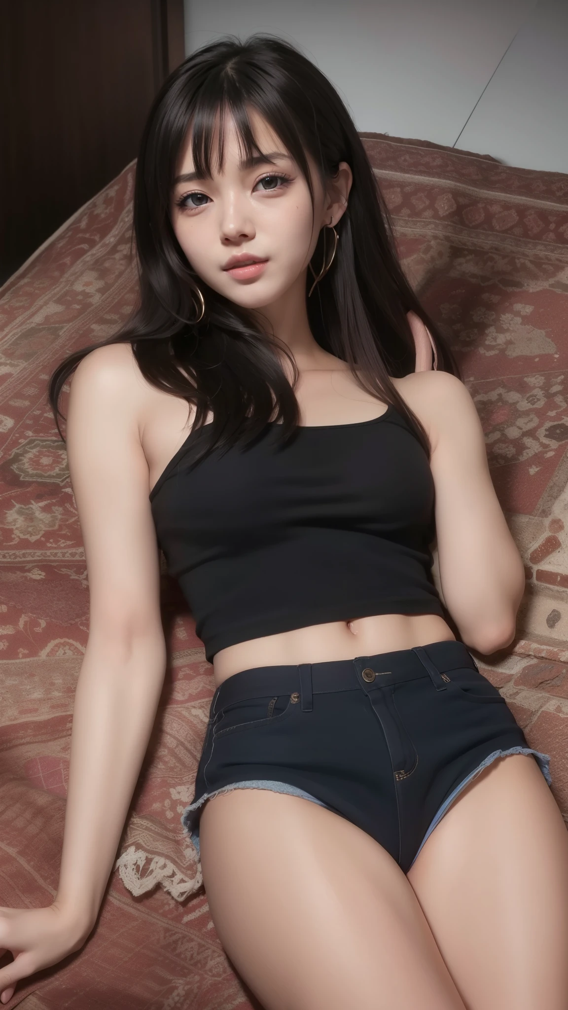 highly detailed face and body, 8k, 21 years old, model, tall, perfect body, passionate and cute look, long black hair, black eyes, knit top with denim shorts, small firm breasts, light skin, sitting on table, legs spread wide open