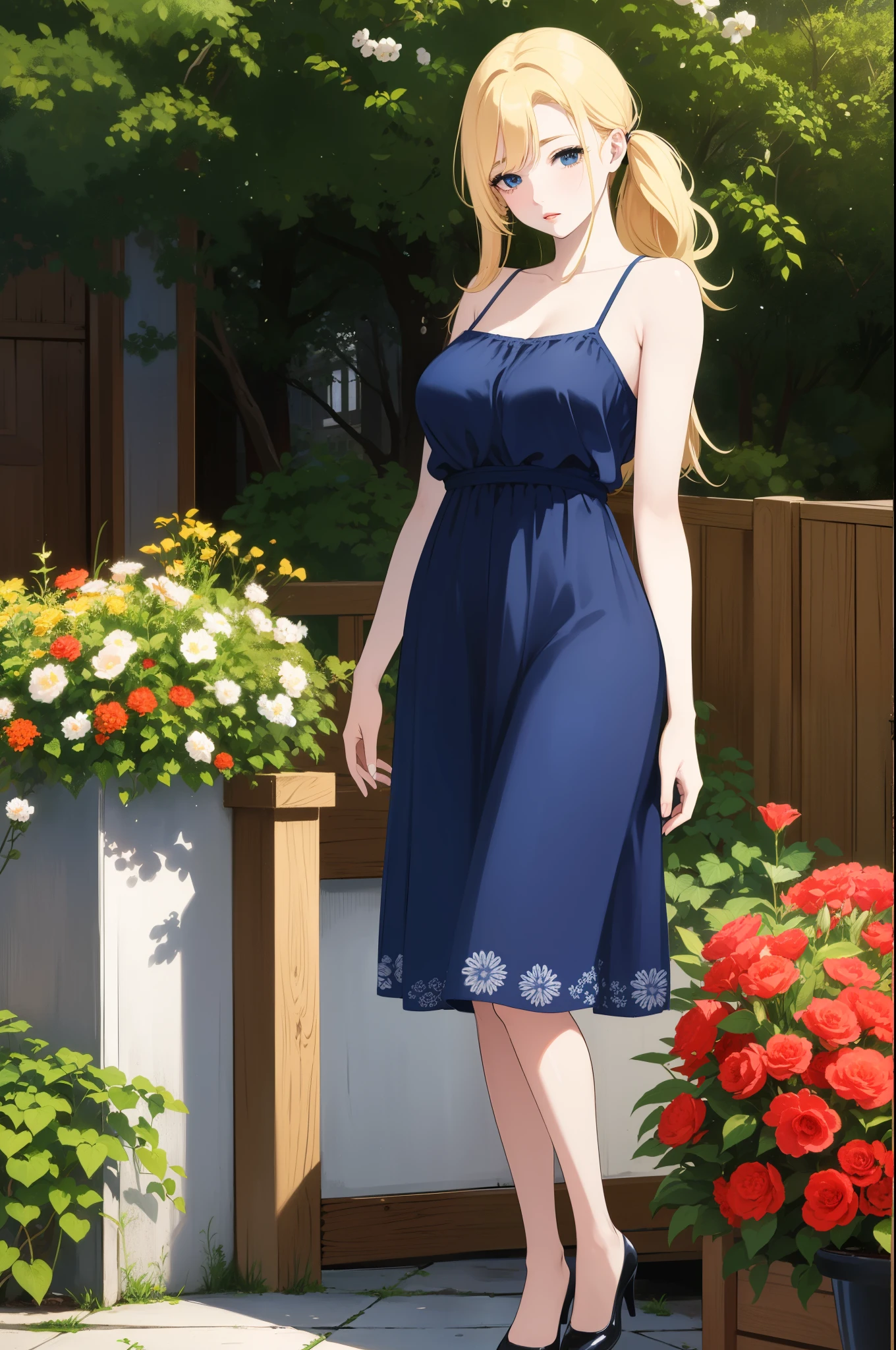 An extremely gorgeous stunning beautiful woman with gold-blonde hair tied with a white ribbon, extremely fair white skin, big blue eyes, plump eye-candy red glossy lips, a simple soft smile, and a perfect slender-slim body. She is wearing a long simple sky-blue floral dress with spaghetti straps, a sweater worn over her shoulders, flat brown heels, standing straight, hands joined together, and a garden in the background. Show her full body.