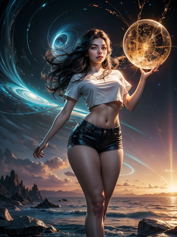 A detailed illustration muted chinese ink painting, magic cosmic colors, rice paper texture, digital paint, Beautiful asian woman, red lips, thick long hair, red micro bikini, g string bikini, big breast, curve hourglass body, red high heels, standup, backside view from camera,one black and gold future portal in the sky. Venus. Space. Clouds wet to wet techniques. vibrant vector professional art. using Cinema 4D