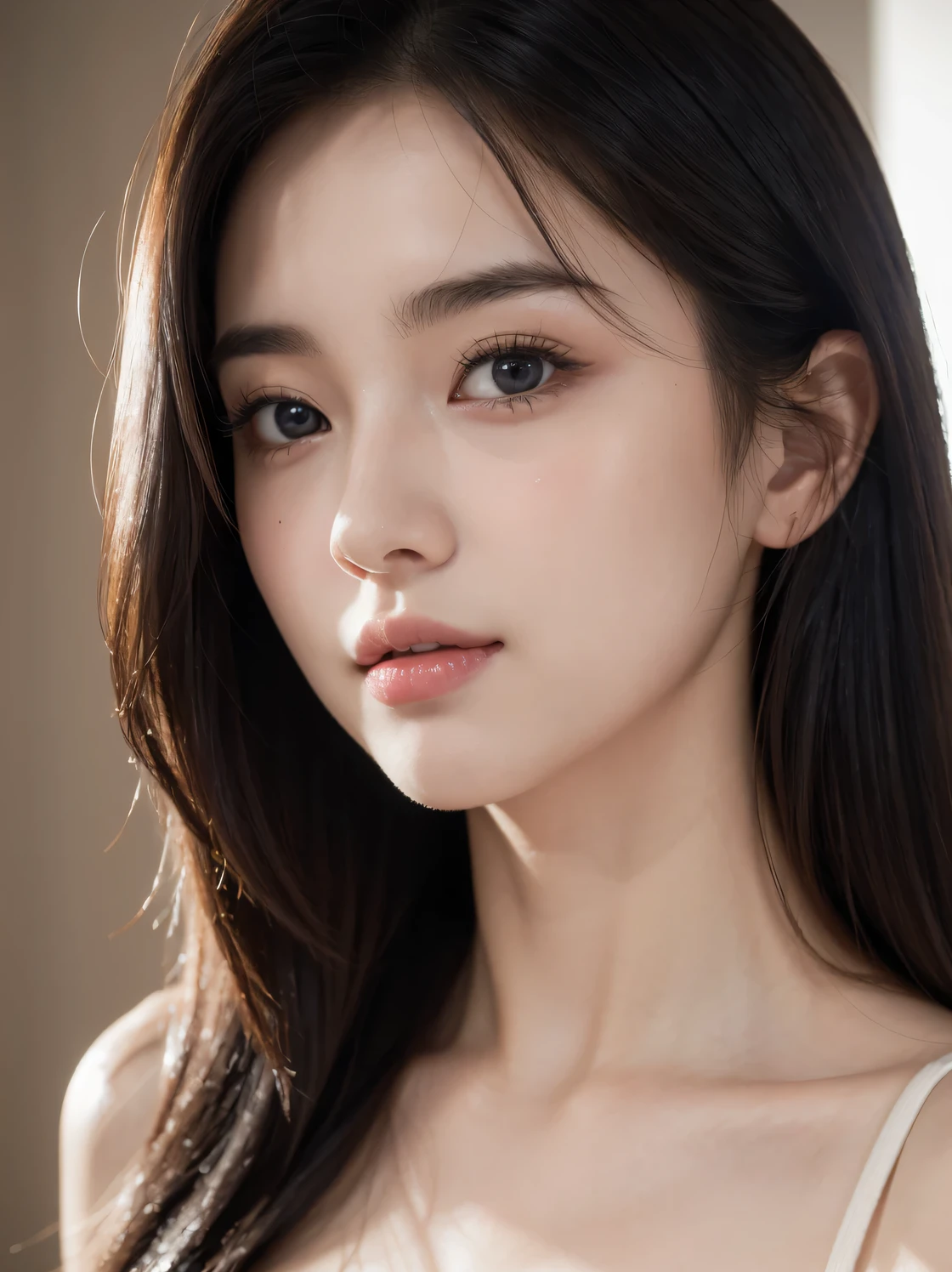 ((best quality)), ((masterpiece)), ((realistic)), ((best quality)), ((masterpiece)), ((realistic)),  You look tired, perfect details , big bust, sexy, beautiful face, Very detailed lips, very beautiful, Natural and comfortable style tailored to your level, original, Highly detailed 8K , (photorealistic:1.4),flawless face, perfect eyes, Symmetrical body shape, cleavage, laugh, Very detailed eyes, Symmetrical face, long hair