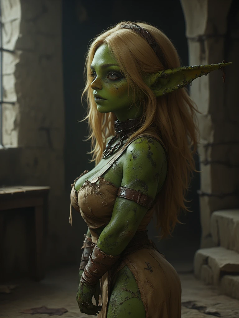 a scared little green-skinned elf