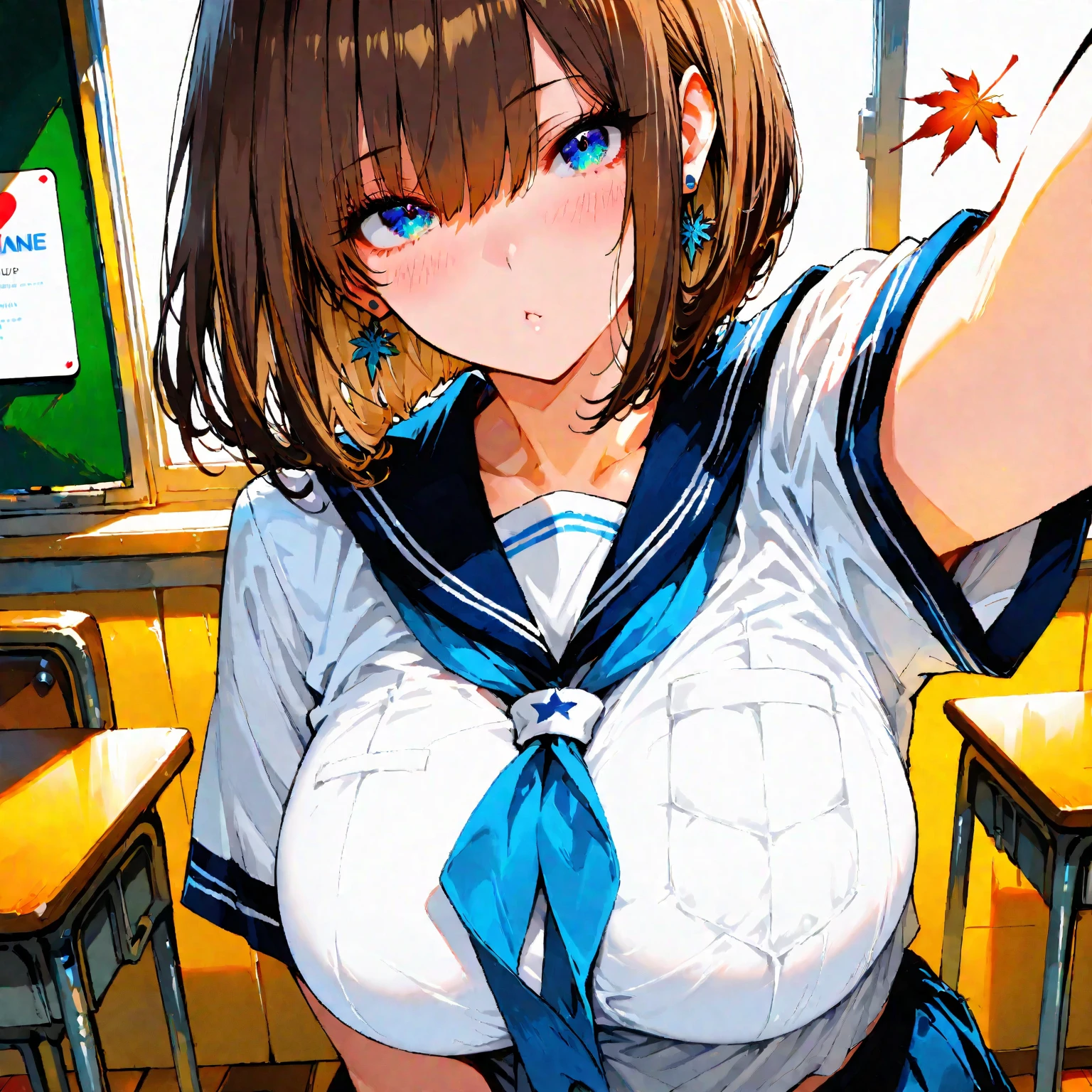 、(masterpiece、Highest quality)、Highest quality, Ultra-high resolution, (((masterpiece))), alone, Sweat、Big eyes, Composition from the front、Shortcuts、Embarrassed face、Blonde Hair、Cut your hair short、School classroom、Sailor suit、skirt、short hair、Browsing Caution、Upper body naked、Breasts exposed、Nipples、Large areola、Sitting in a chair without a backrest、Internal Medicine Examination、Woman showing her body、belly button、真Composition from the front、School Insurance Office、curtain、cubicle、window、door、Fluorescent lamp