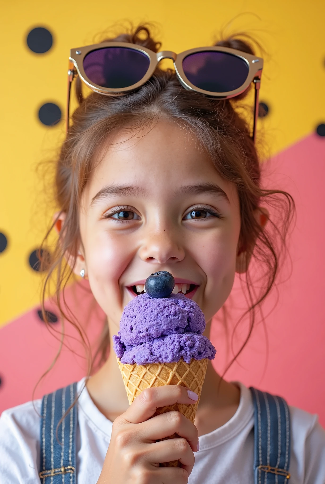 10 year old girl Russian child with long hair BLONDE, close up, PORTRAIT , a popsicle with a colorful layer of rainbow, ice cream, high quality product photo, lollipop, slapstick, made of glazed and high quality product image", pastel, made of lollipops, pastel of sweets, 3 4 5 3 1, gum, ice cream cone, ice cream on the side, product introduction photo, made of cotton candy