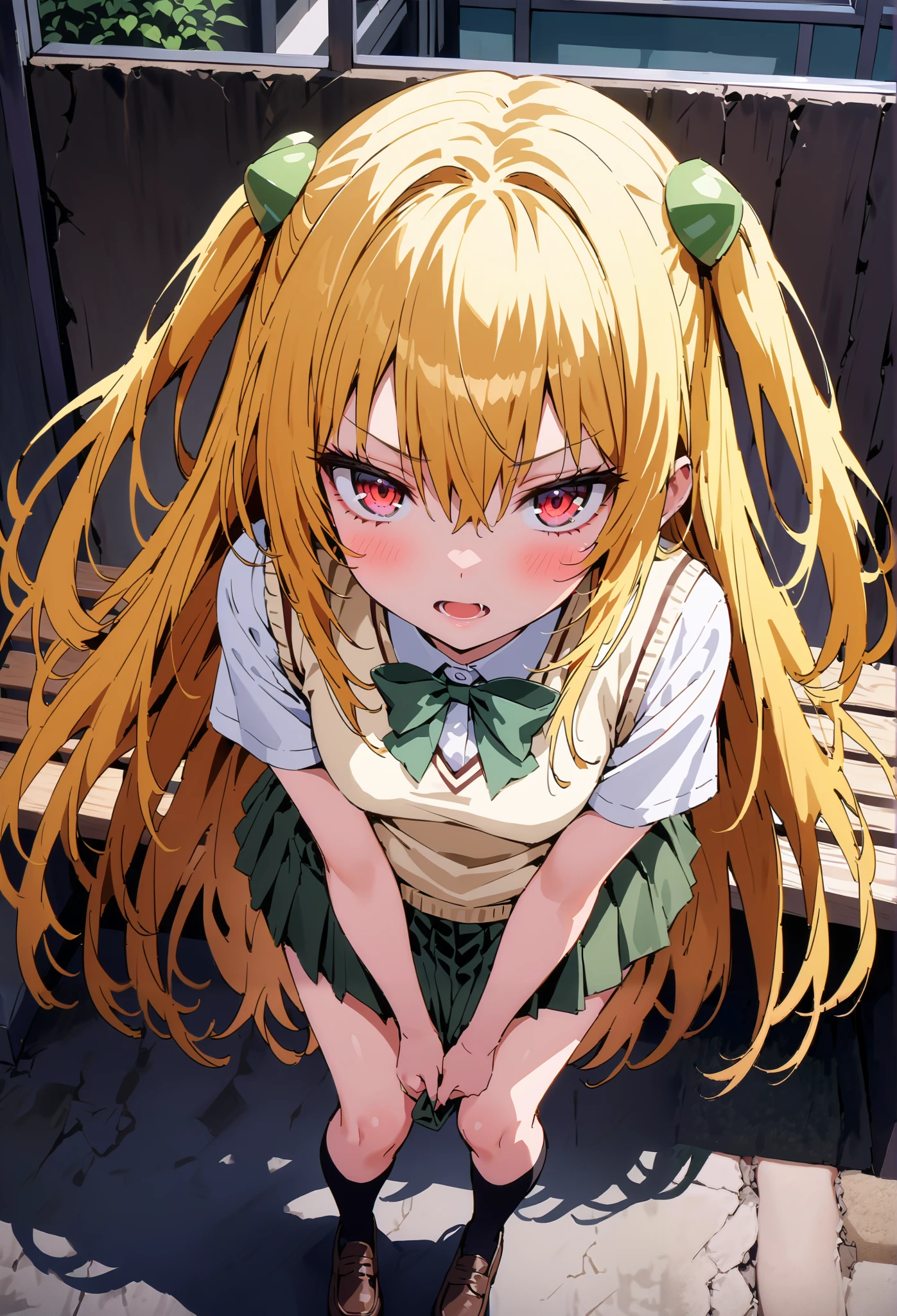 score_9, score_8_up, score_7_up, source_anime,
toloverudarkness, darkness, yellow hair , long hair, red eyes, hair ornaments close to the garden, two side up,
Sainan school uniform, shirt, white shirt, bow, green bow, skirt, green skirt, pleated skirt, short skirt,sweater , light brown sweater vest, short sleeve,Black socks,loafers, skirtタグ, eyelashes skirt tug, skirt,black string panties, Lift of the Wind , mad at my anal, teary eyes in the store,embarrassing,opens her mouth, staring at you,angle from above,noon, bench,full bodyがイラストに入るように, break outdoors, School building,
break looking at viewer,full body,
break (masterpiece:1.2),Highest quality , kampala, Unity 8K Wallpaper ,(shape:0.8),( fine, beautiful eyes :1.6),It's a person ,full body写真,CG Details , ( perfect hands, complete anatomy),
